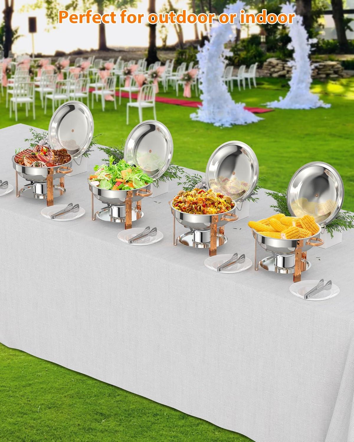 5QT round chafing dish buffet set (2-pack) in Rose Gold, NSF-certified stainless steel with lid, spoon, and tweezer, ideal for catering and events.