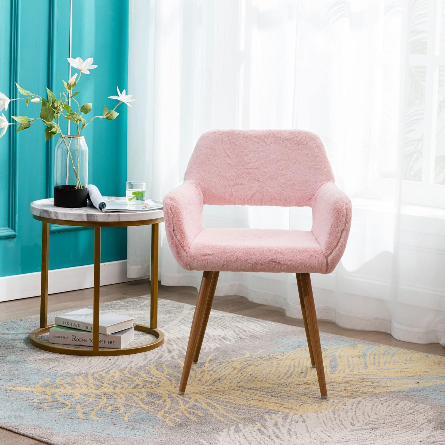 KCC Furry Desk Chair, Mid-Century Modern Accent Faux Fur Chair for Teen Girls, Comfy Armchair with Wood Look Metal Legs for Living Dining Room, Home Vanity Makeup Office Desk Chairs No Wheel, Pink