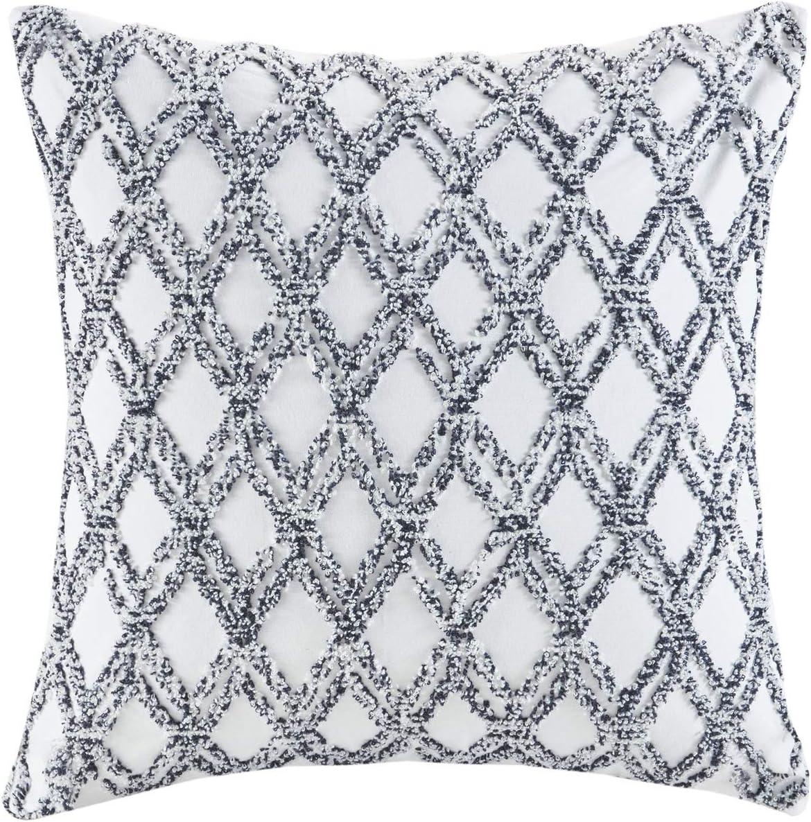 Navy and White Embroidered Cotton Square Pillow