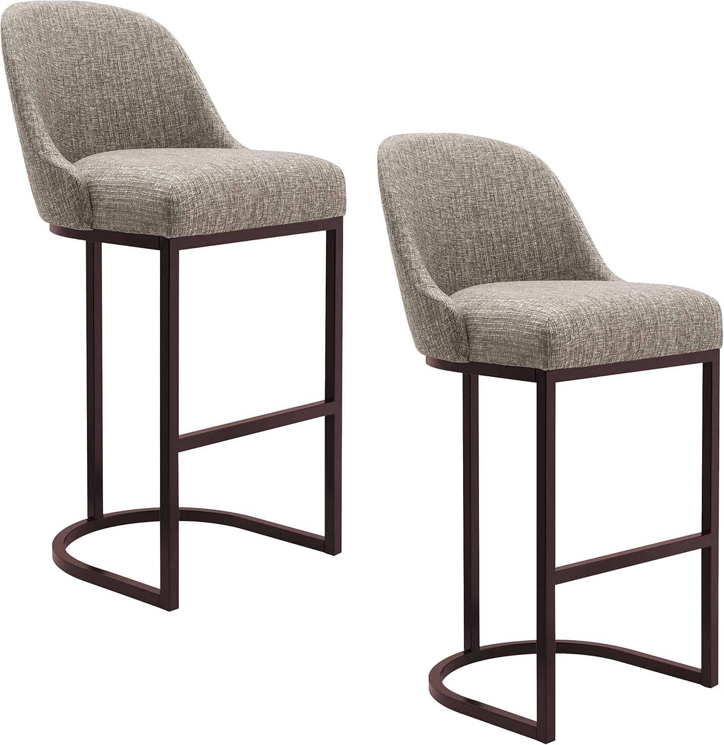 Espresso Metal Base Barrelback Bar Stool with Gray Linen Seat, Set of 2