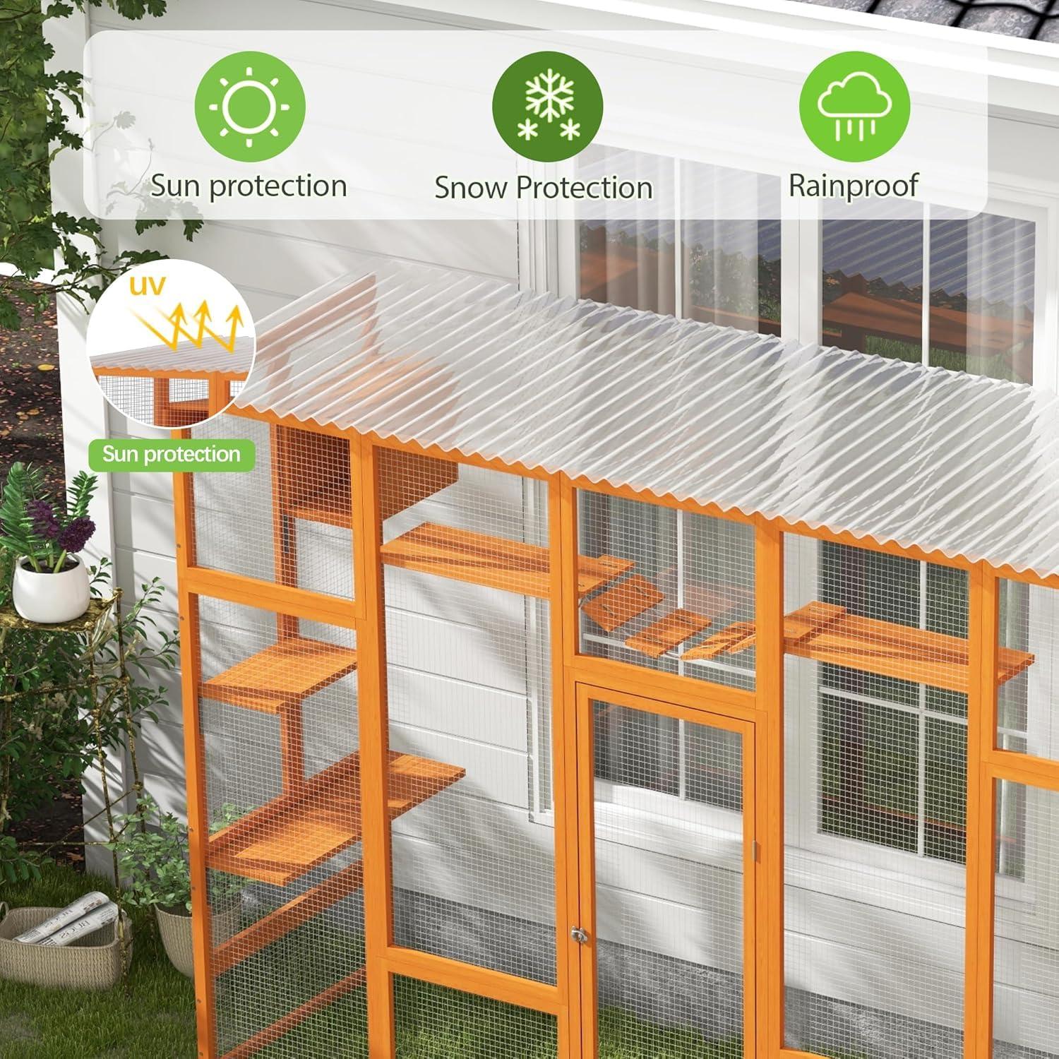 COZIWOW Outdoor Cat Enclosure, Catio Pet Safe House, 104" Extra Large Indoor Window Box with 7 Platforms, Resting Houses, and Walk-In Door, Orange