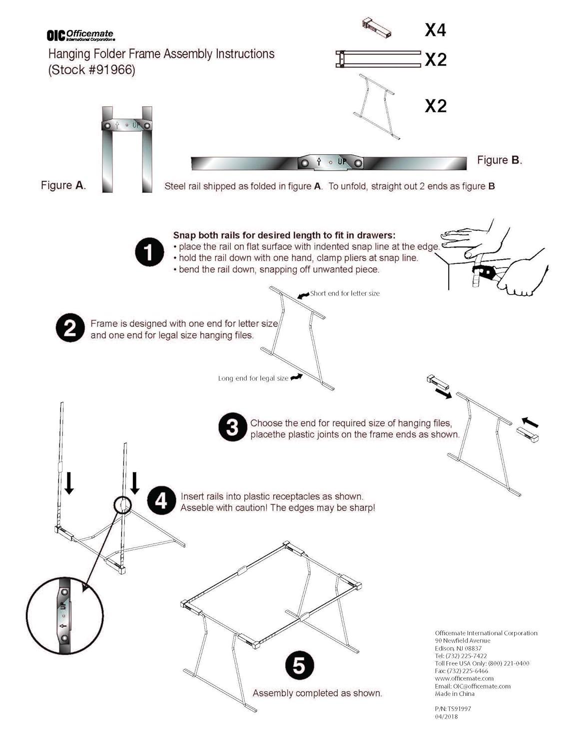 Officemate 91966 Hanging File Folder Frame, Adjustable Letter/Legal Size, Steel, Silver, 1 Set