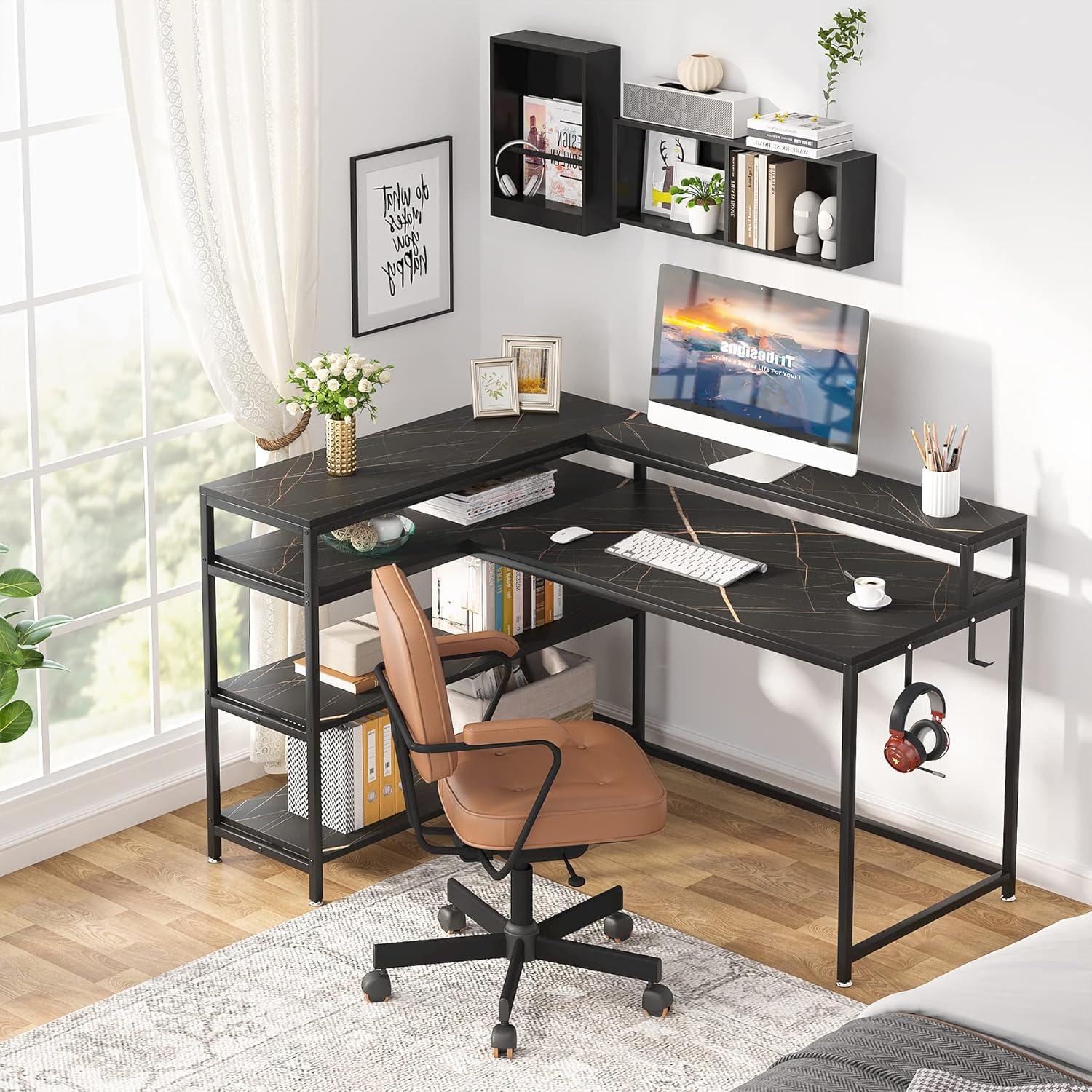 Black Faux Marble L-Shaped Gaming Desk with Shelves