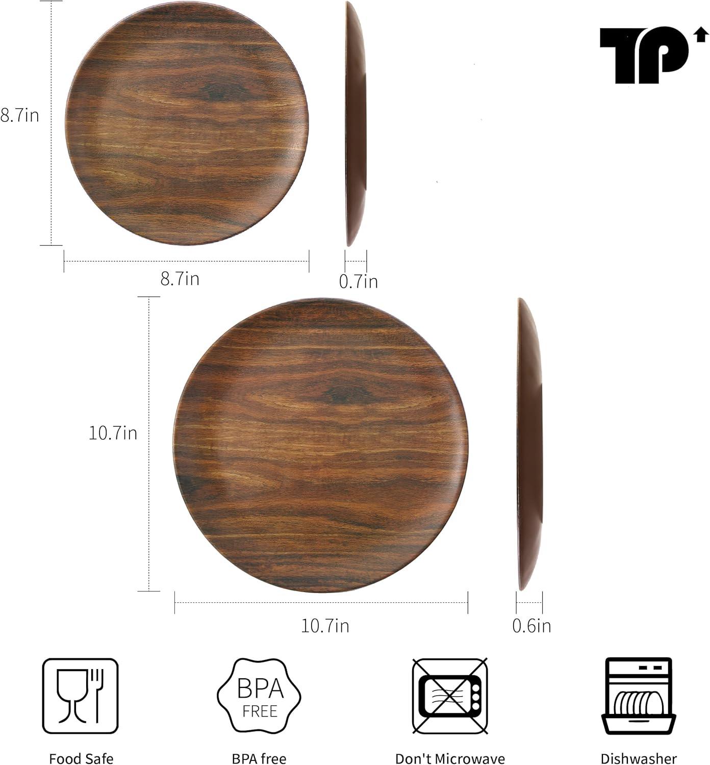 8.5" Rosewood Grain Melamine Round Dinner Plates, 6-Piece Set