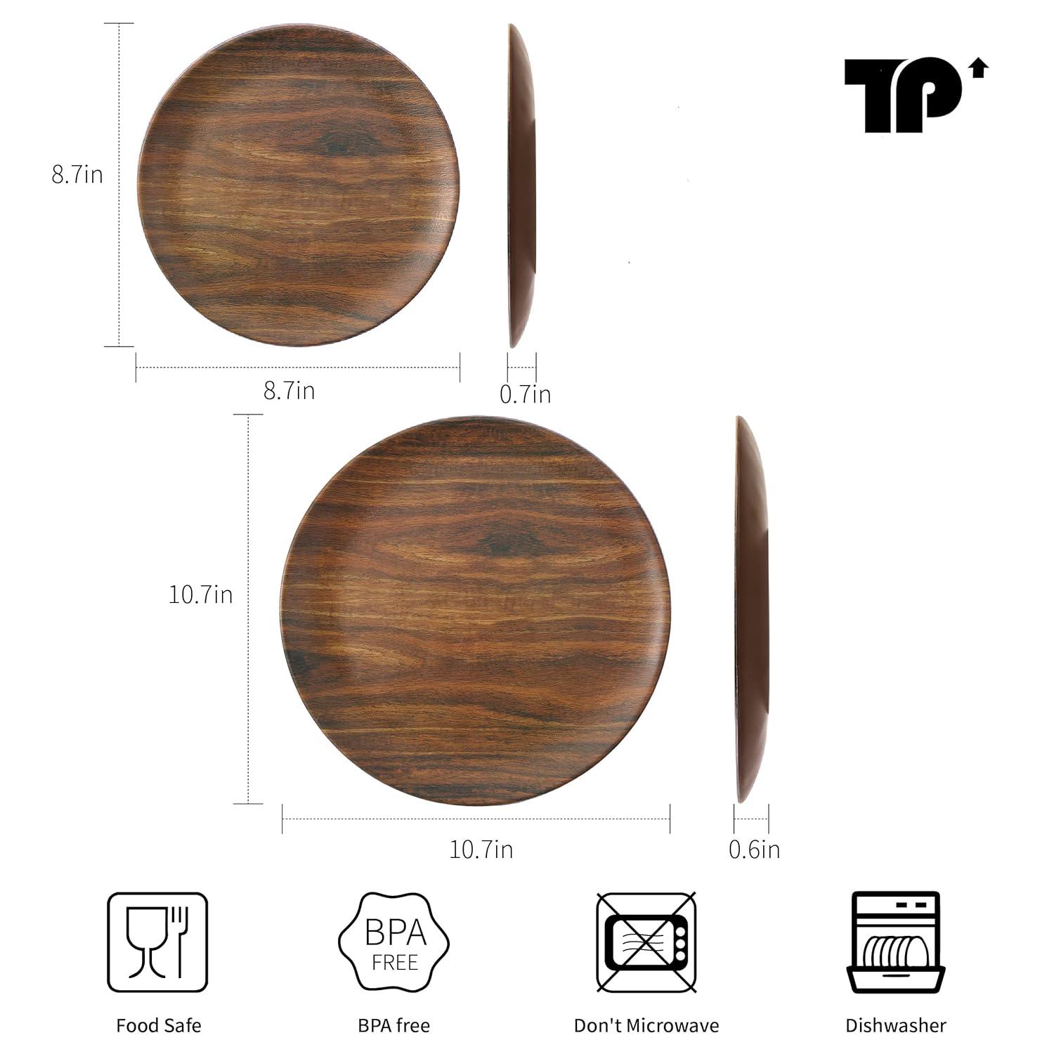 TP 8.5" Melamine Dinner Plates, 6-Piece Plate Set Unbreakable Serving Dishes, Dishwasher Safe, Rosewood Grain