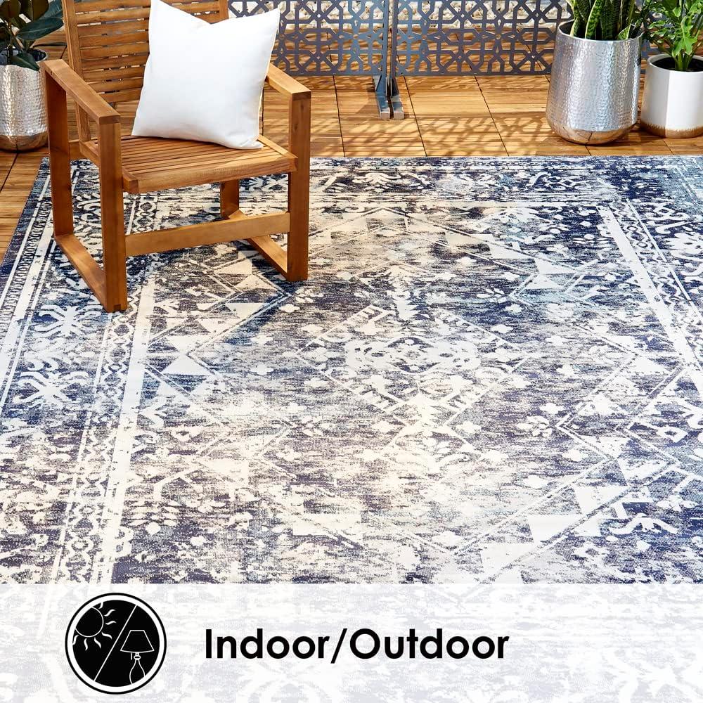 Nicole Miller New York Patio Sofia Ivy Distressed Indoor/Outdoor Area Rug, Navy Blue/Ivory