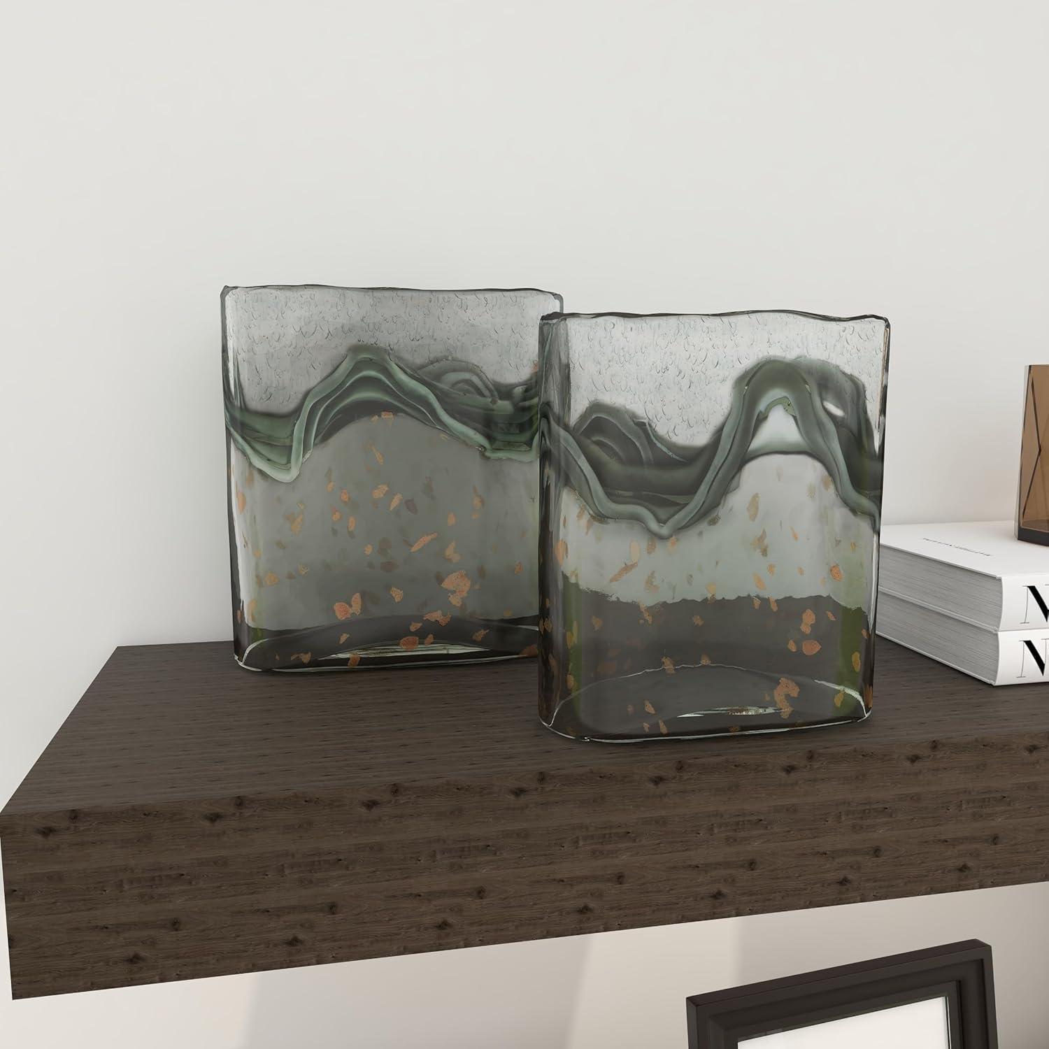DecMode 9", 8"H Handmade Blown Gray Glass Vase with Speckled Wave Design, Set of 2