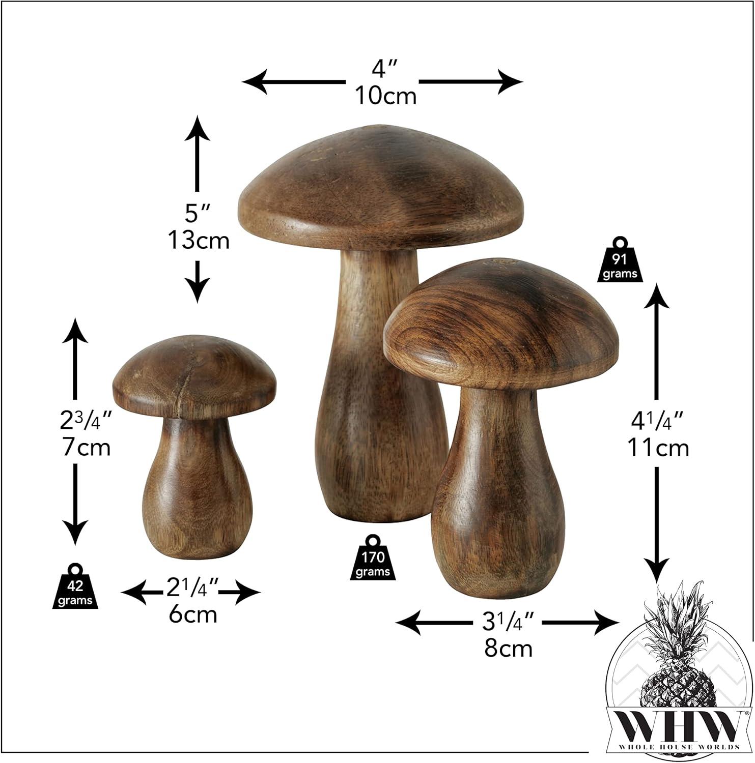 WHW Whole House Worlds Farmers Market Mushrooms, Set of 3, Decorative Figurines, Art, Dark Mango Wood, 4.75 Inches