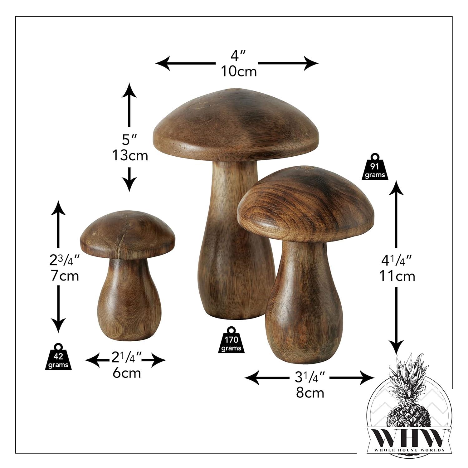 WHW Whole House Worlds Farmers Market Mushrooms, Set of 3, Decorative Figurines, Art, Dark Mango Wood, 4.75 Inches