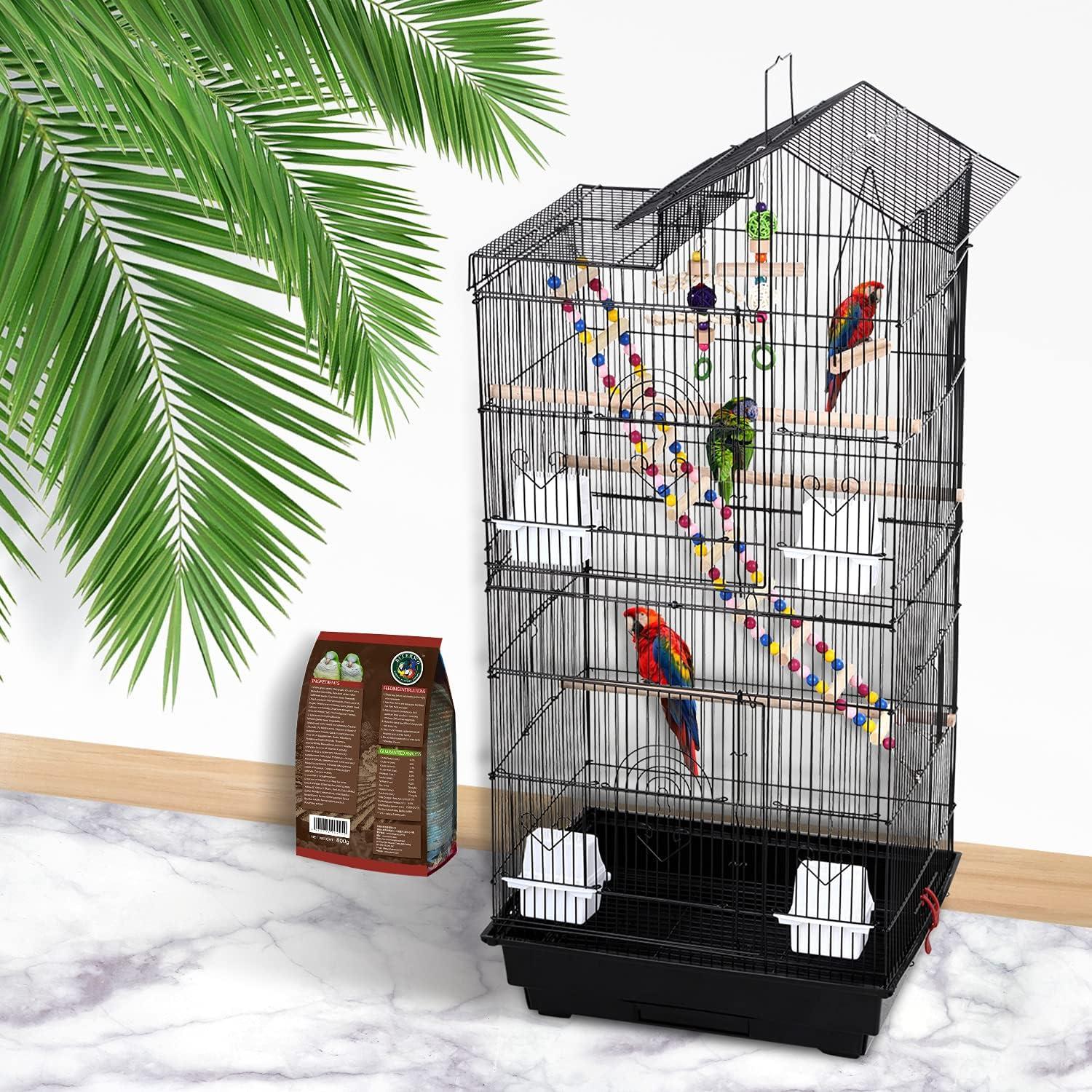 39 Inches Bird Cage Roof Top Large Flight Parrot Bird Cage with Toys for Medium Small Birds, Lovebirds, Finch, Cockatiel Parakeets, Parrot, Iron Bird Cage, Black, 17x14x39 Inch (Pack of 1)