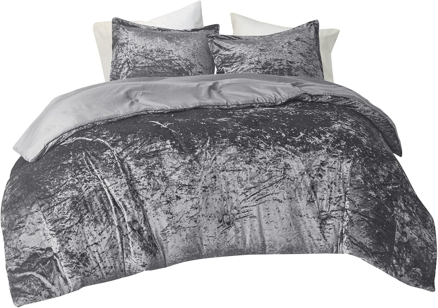 Comfort Spaces Full/Queen Cozy Velvet Comforter Sets, Luxe 3-Piece All Season Down Alternative Bedding Set, Grey Damask Comforter Bed Set with Pillow Shams