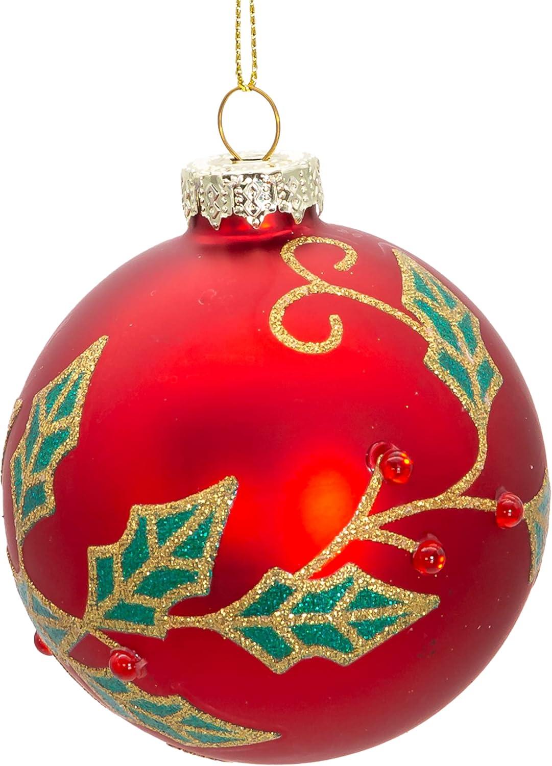 Kurt Adler 80MM Glass Red Berry and Holly Leaves 6-Piece Ball Ornament Set