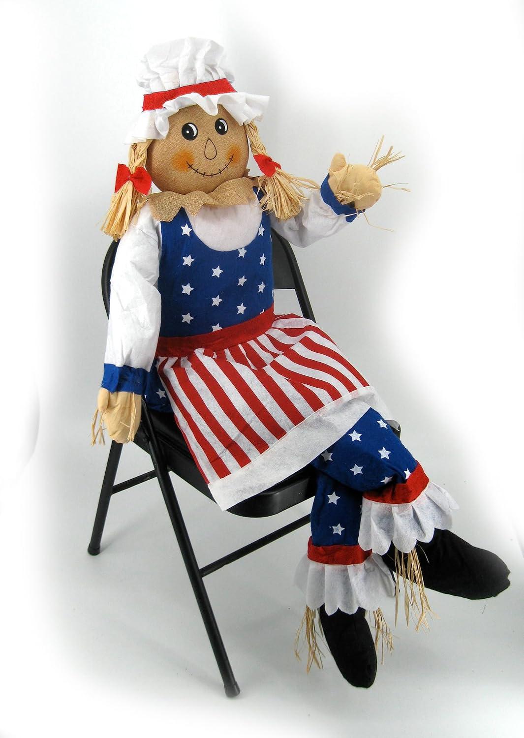 60" Large Sitting Scarecrow Mrs. Uncle Sam Patriotic Americana Fall Decoration 5'