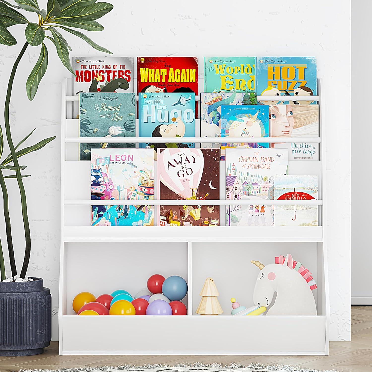 UTEX Kids Bookshelf Toy Organizer with Rolling Toy Box, White, 23.62” W x 11.8” D x 35.43” H