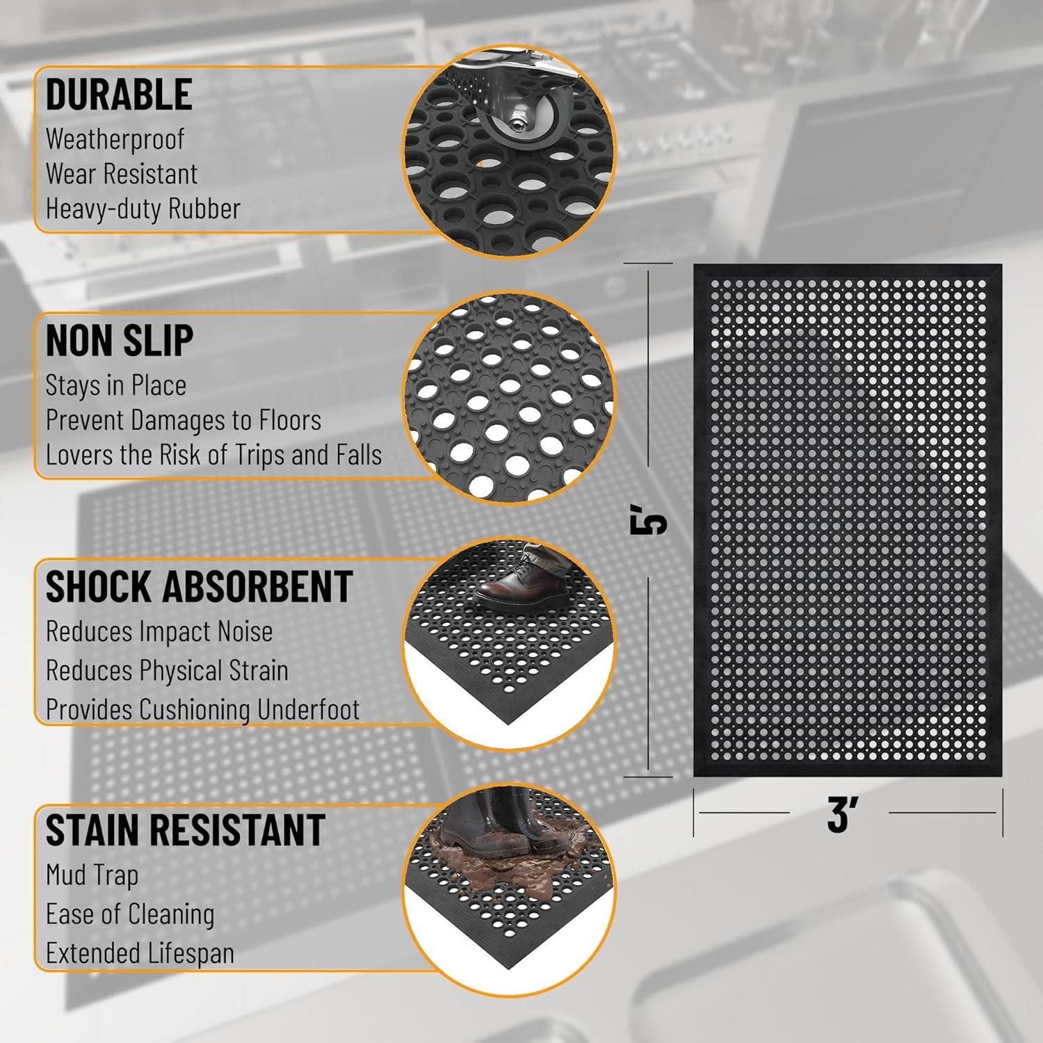 Ottomanson Heavy Duty Rubber Anti-Fatigue Commercial Floor Mat 36" x 60" Indoor Outdoor Non-Slip for Kitchen Garage