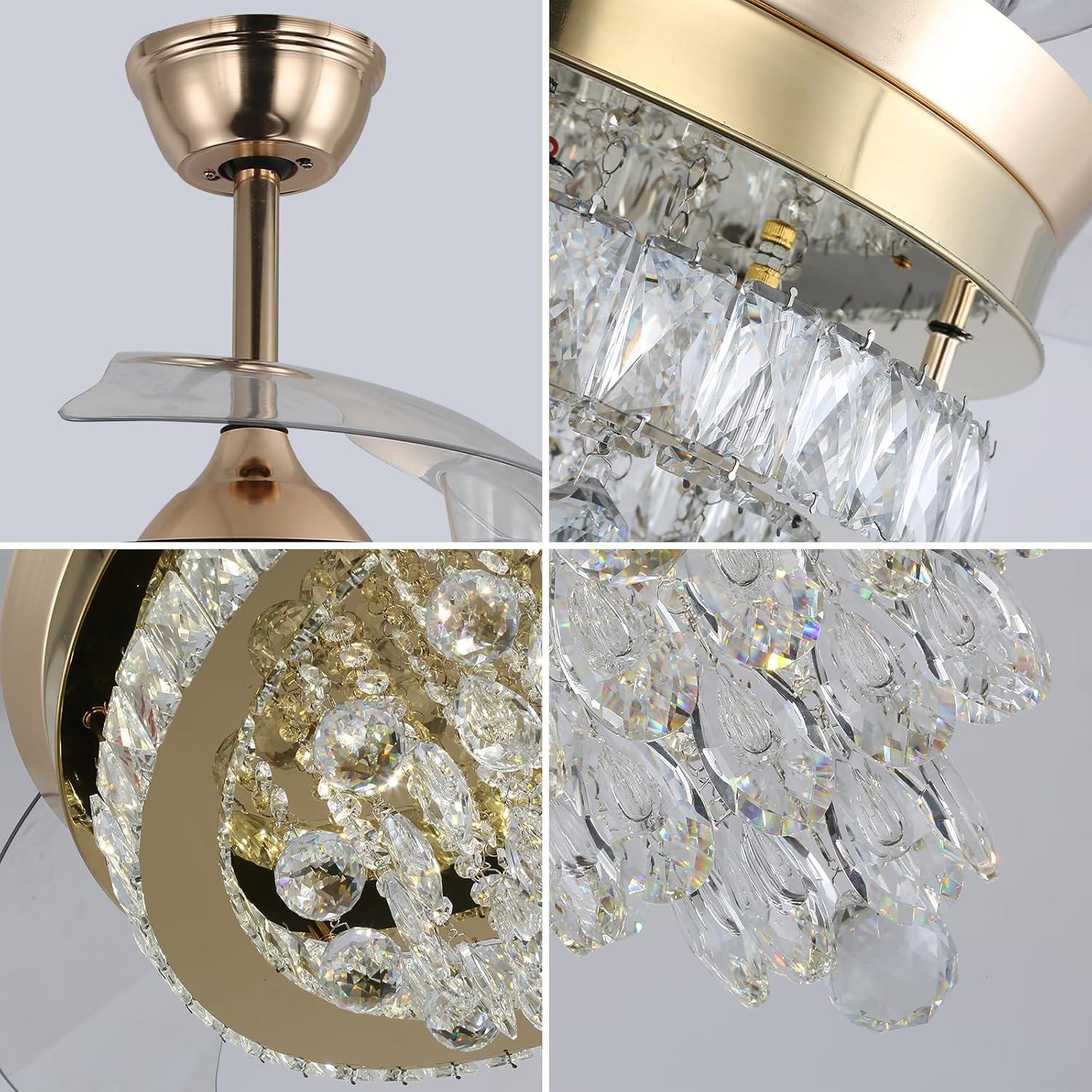 42 in. Indoor Gold Smart Retractable Crystal Ceiling Fan with Adjustable LED Light Included with Remote