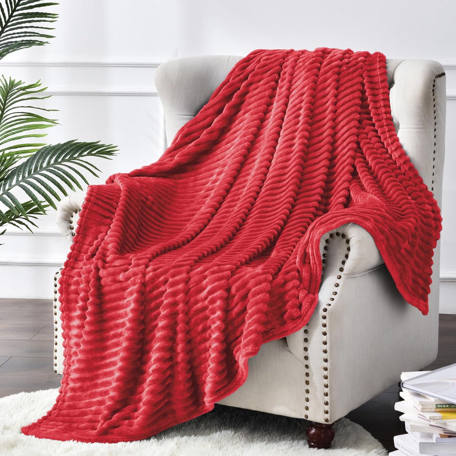 BEDELITE Fleece Throw Blanket for Couch 3D Ribbed Jacquard Cozy, Fluffy, Plush Lightweight Red Throw Blankets for Bed, Sofa, 50x60 inches