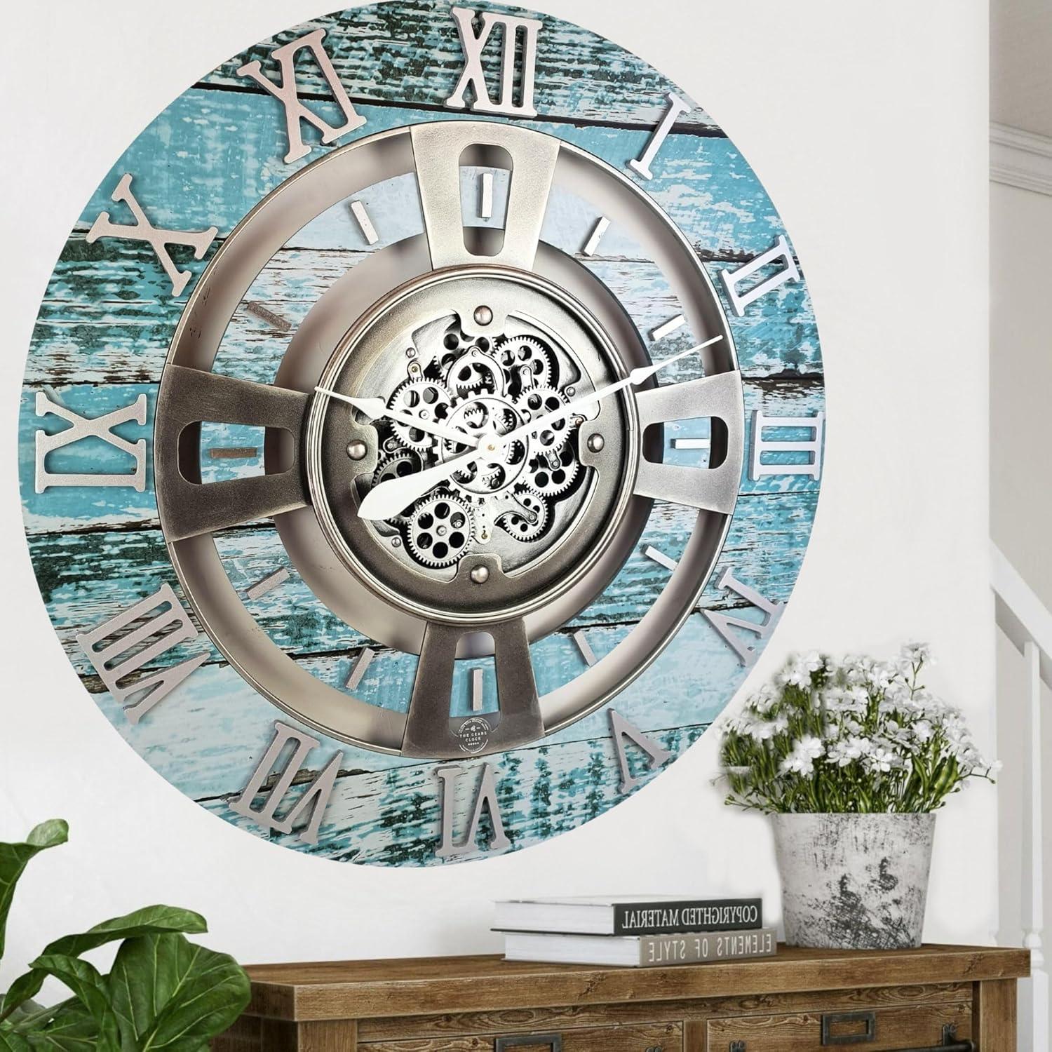 THE GEARS CLOCK Wall Clock with Real Moving Gears EN-LI_ 36 in Round Vintage-Black