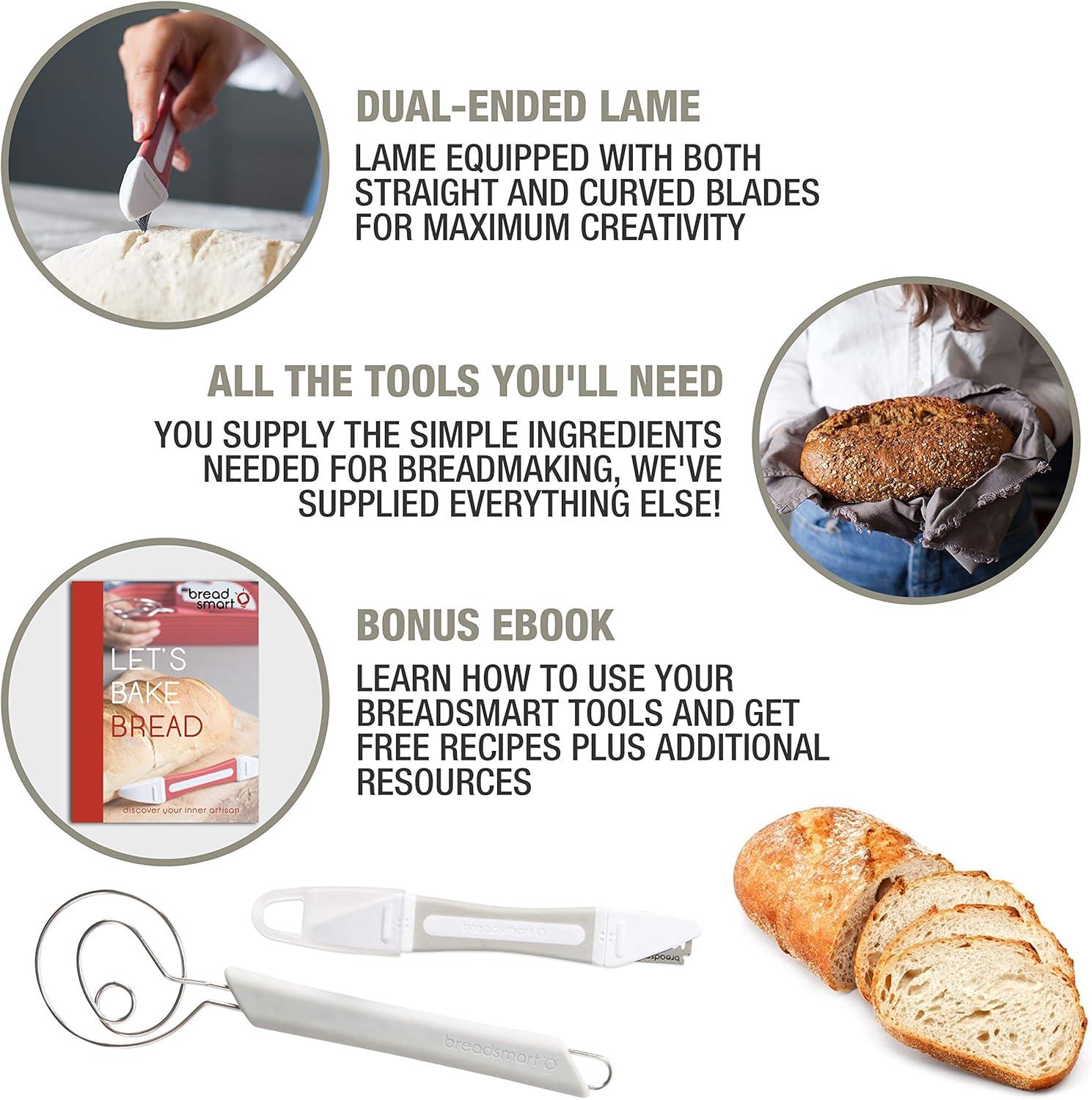 Breadsmart Artisan Bread Making Kit - 5 PC Baking Supplies Set - Lame, Scraper, Whisk, Proofing Basket & Cotton Liner - Gray