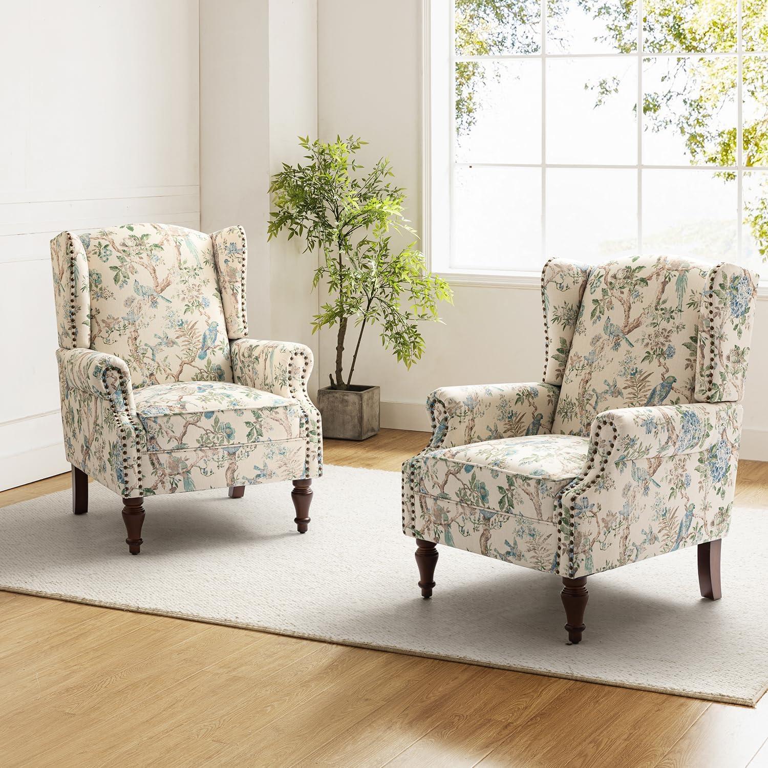 Beige Floral Pattern Wingback Accent Chairs with Wooden Legs
