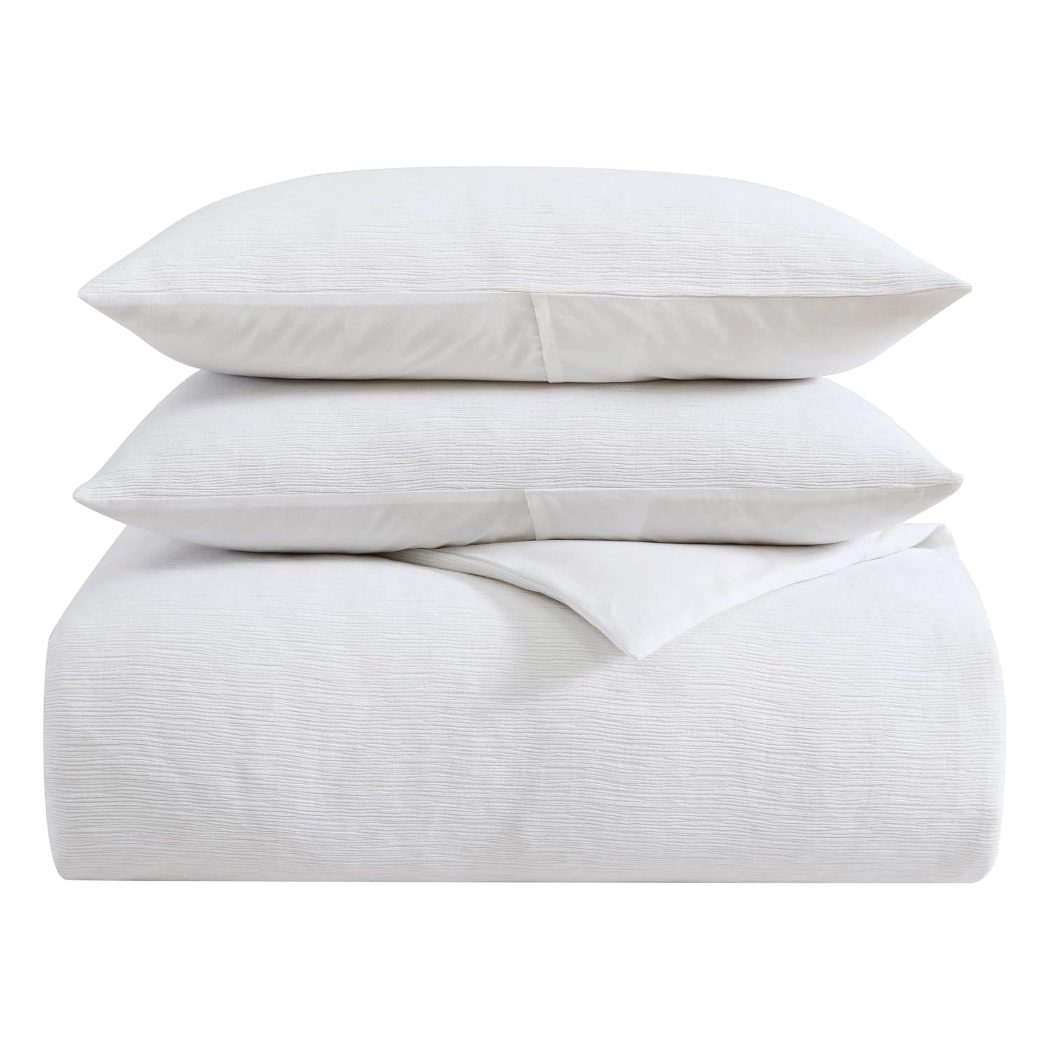 Vera Wang - King Duvet Cover Set, Soft Bedding Set with Matching Shams, Button Closure, Chic Room Essentials (Textured Pleats White, King)