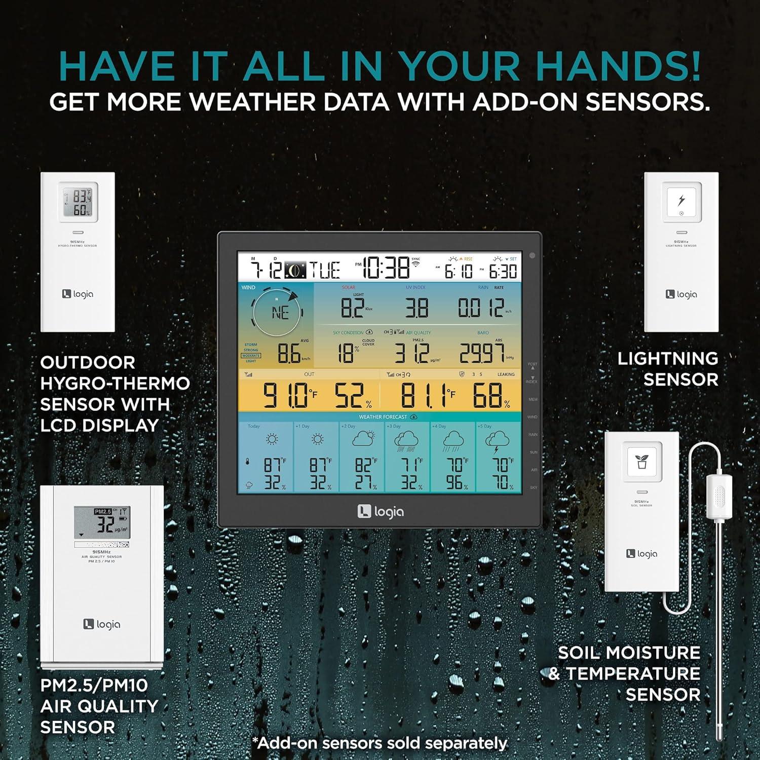 Logia 7-in-1 Wireless Weather Station with 6-Day Forecast, Wi-Fi, Solar Cell & Large 10" Color Display | Measures Wind Speed/Direction, Rainfall, UV Index, Light Intensity, Temperature & Humidity