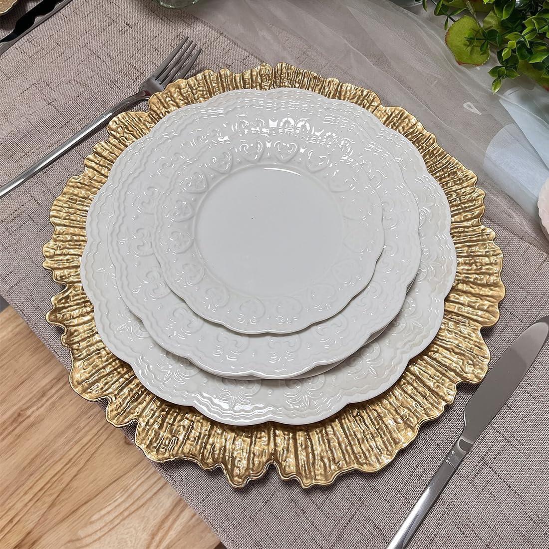 Gold Charger Plates Set - 13” Vintage Plastic Dinnerware Set - Reusable Elegant Serving Plates for Parties, Weddings and Events 6 Pack