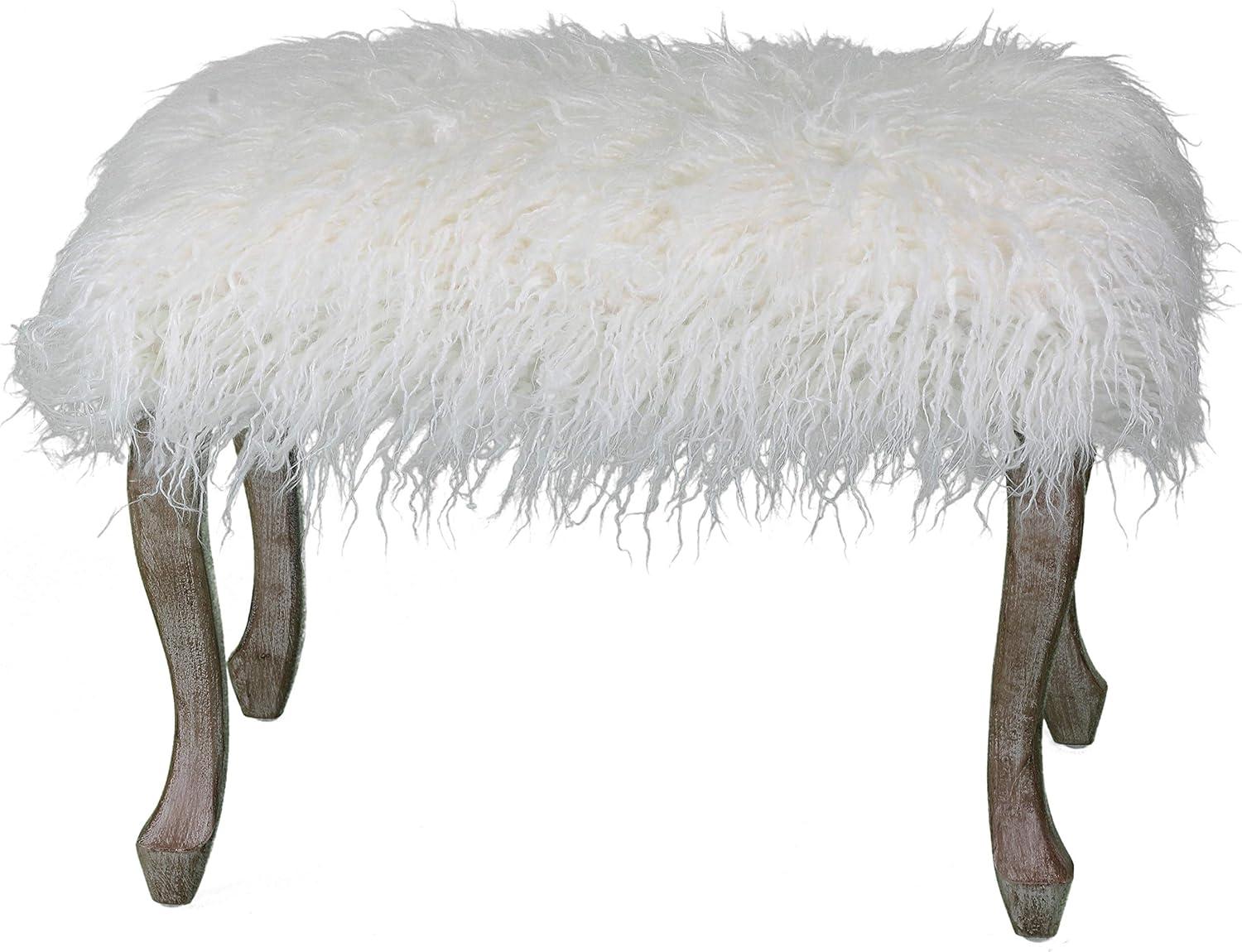 Harlow 26" White Faux Fur Rectangular Footstool with Wood Legs