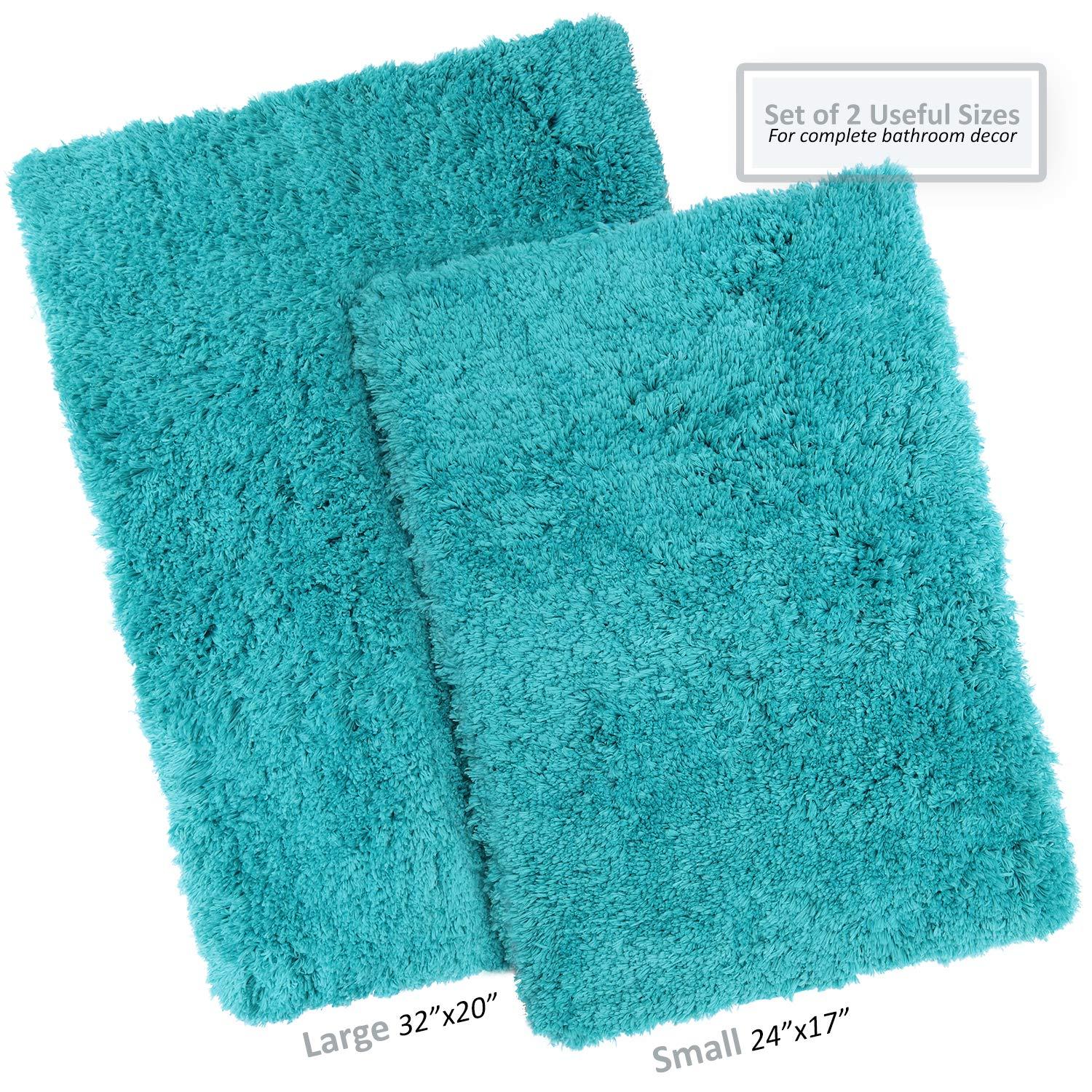 Clara Clark Set of 3 Absorbent Bath Mat Non-Slip Backing Rubber Bathroom Rugs, 17x24 & 20x32, Teal