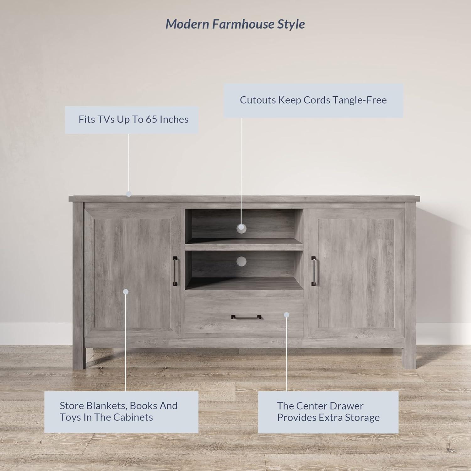 BELLEZE Modern 60 Inch Farmhouse TV Stand or Entertainment Center for TVs Up to 65 Inches, Sideboard Kitchen Buffet Storage Cabinet with Shelves and Storage - Virat (Gray Wash)