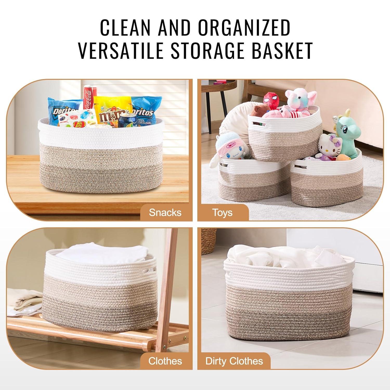 VEVOR Cotton Rope Basket, 22L, 3 Packs Storage Basket, Woven Basket Bins with Handles, Decorative Shelf Organizer Towel Hamper, Boho Toy Basket for Organizing Books Clothes Living Room 15 x 10 x 9 in