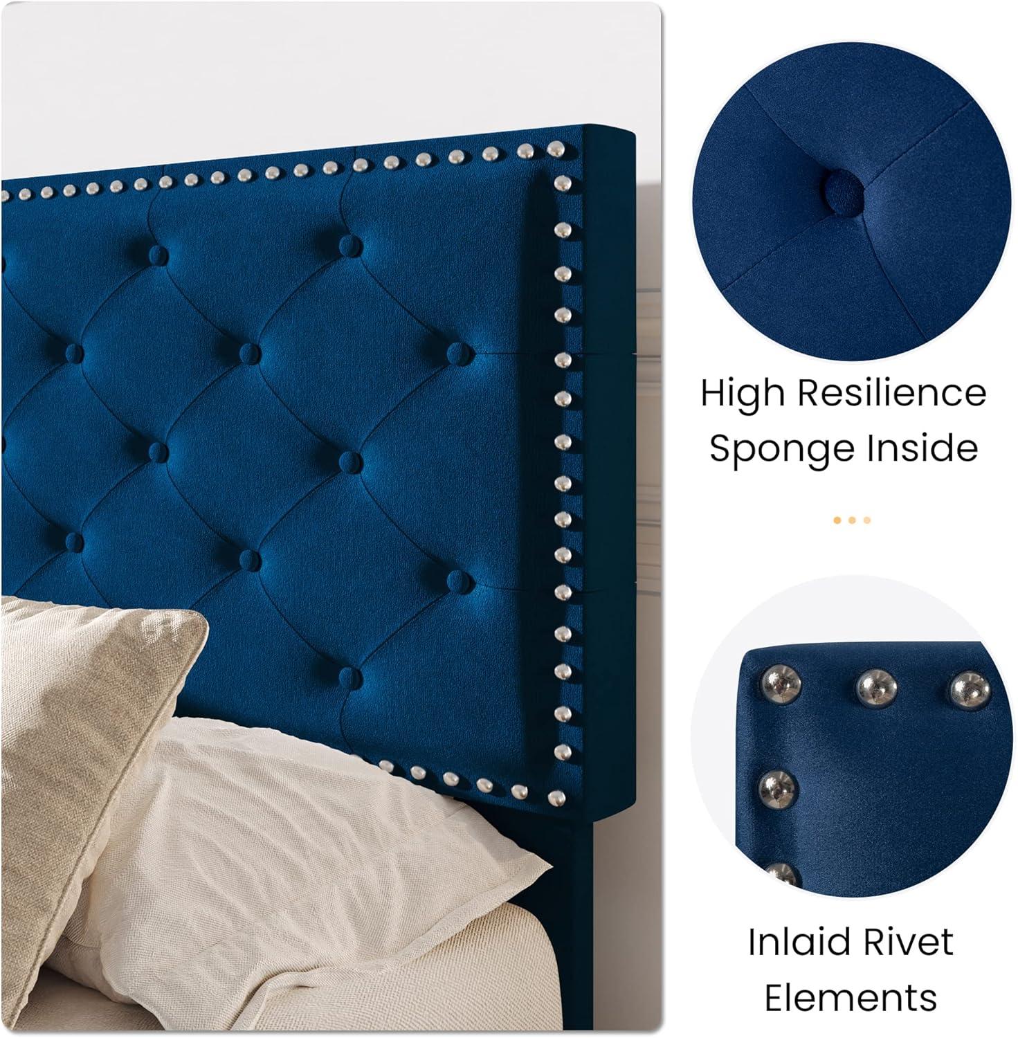 Full Size Blue Velvet Upholstered Bed Frame with Tufted Headboard