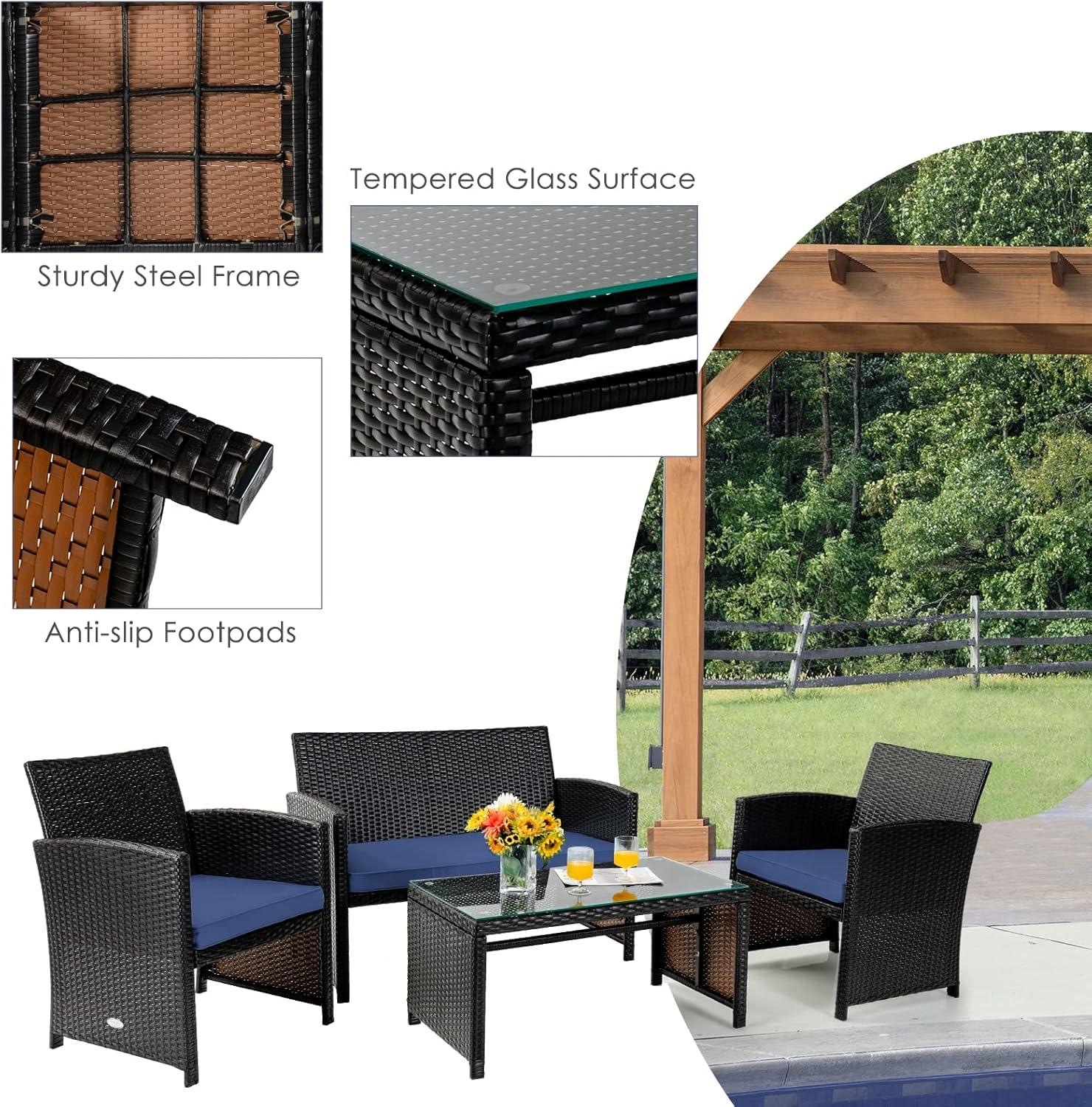 Resenkos 4 Pieces Outdoor Rattan Furniture Set, Wicker Furniture Sets, Patio Conversation Sets with Coffee Table Cushioned Sofa-Red