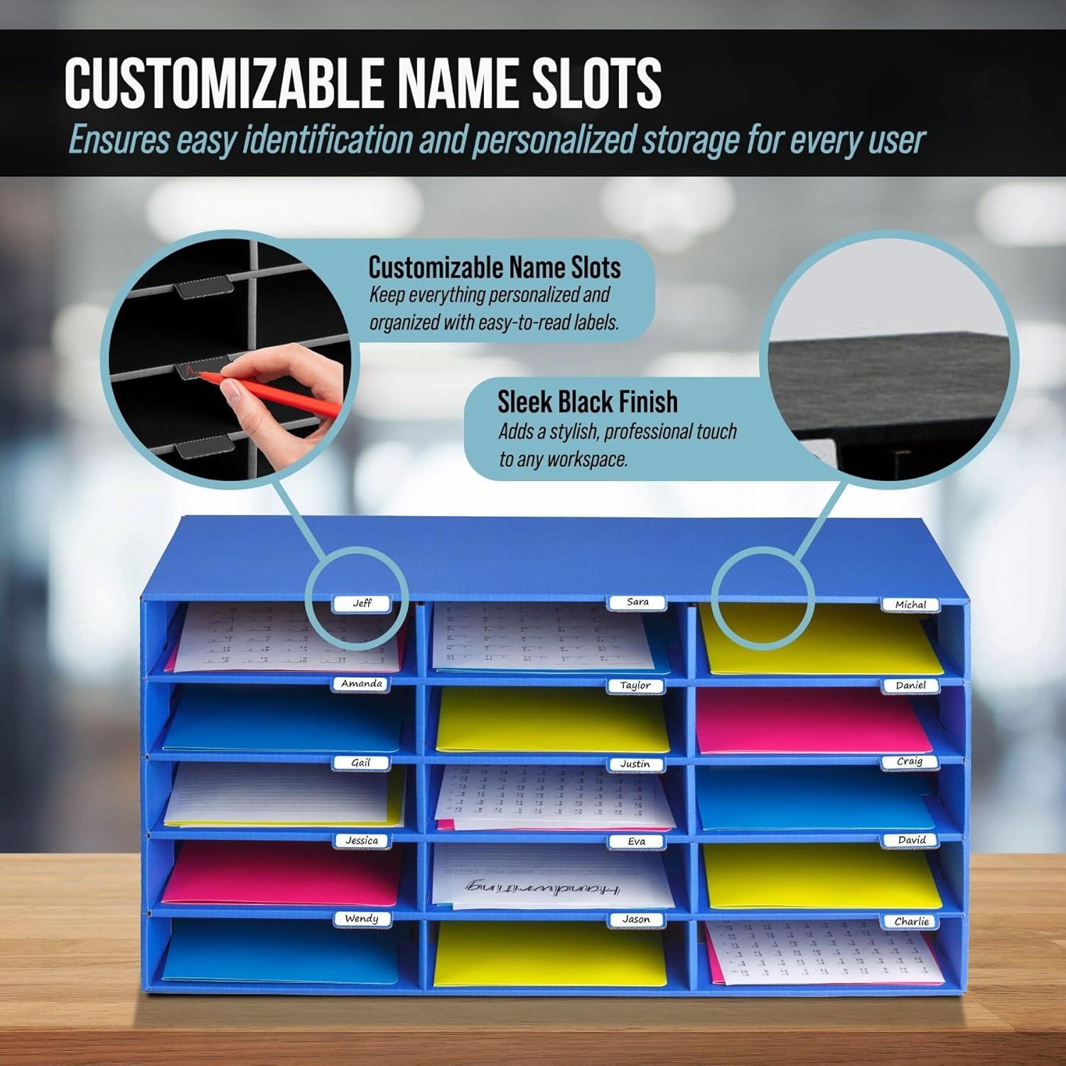 AdirOffice Cardboard Classroom Mailbox, and Office Mail Organizer with Name Slots, (15 Slot, Blue)