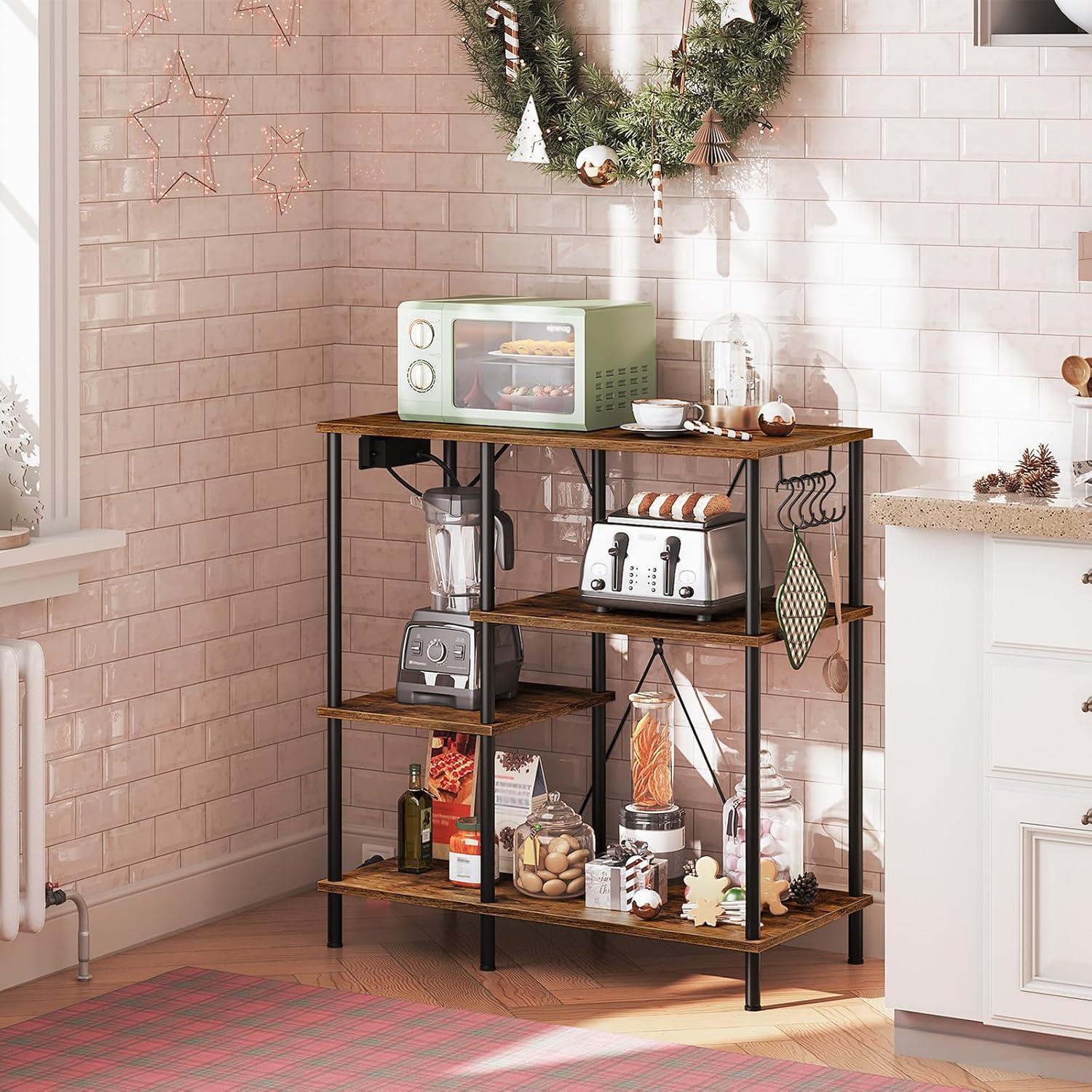 Rustic Brown and Black 4-Tier Kitchen Storage Rack with Power Outlet