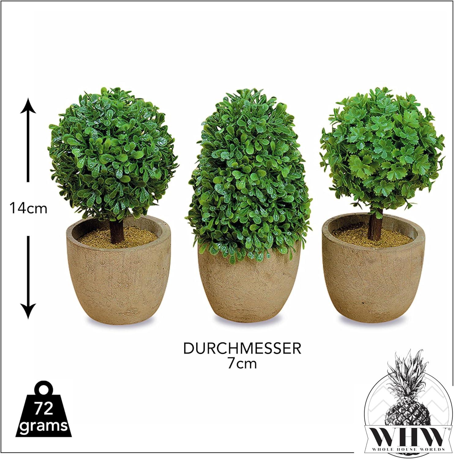 Realistic Faux Boxwood Sculptural Topiary, Set of 3, Curly Leaf, Cone and Ball Tops, Gray Stone Pot, Each 5 1/2 Inches Tall, Mixed Materials