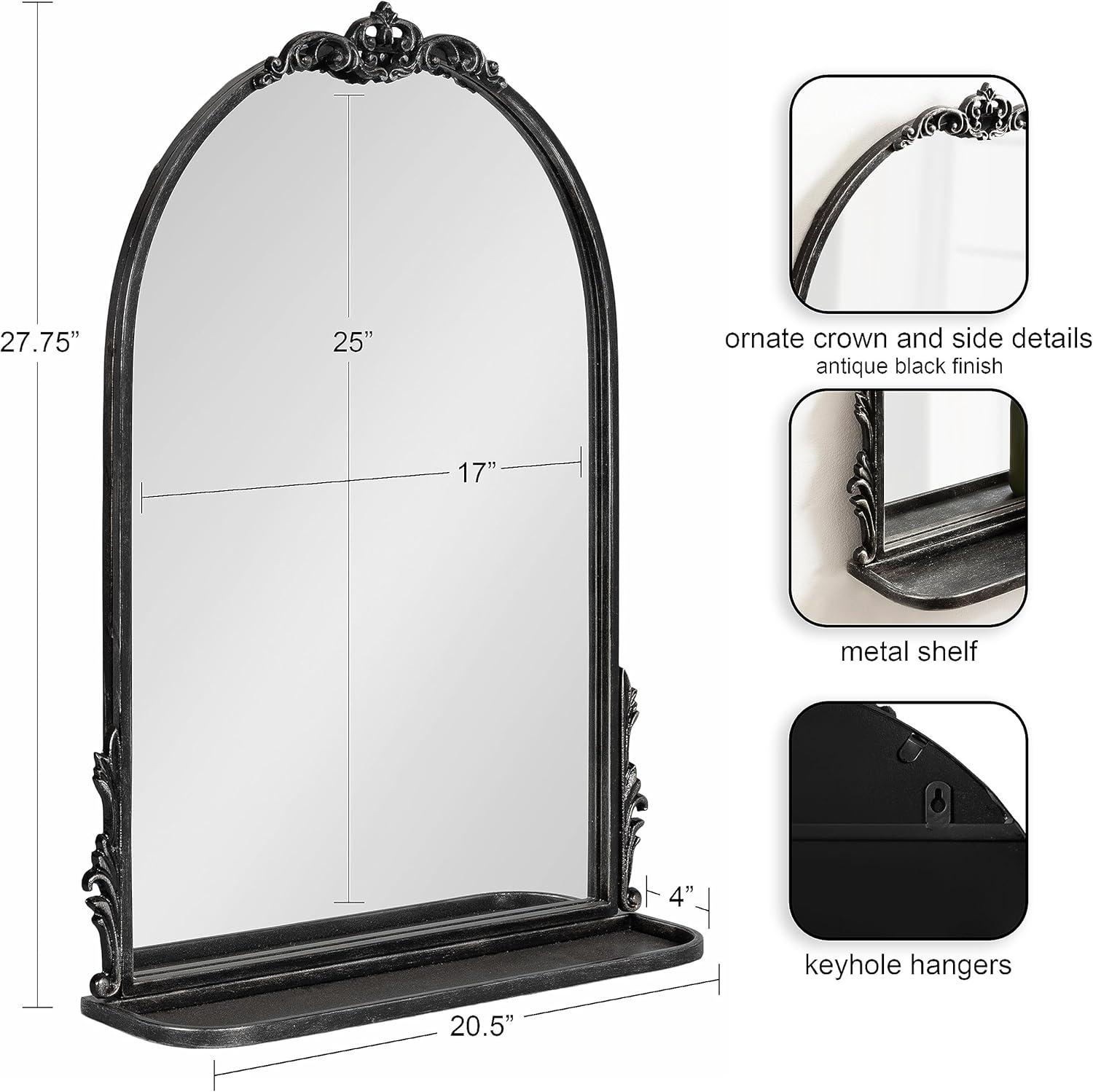 Antique Black Arched Metal Framed Mirror with Shelf