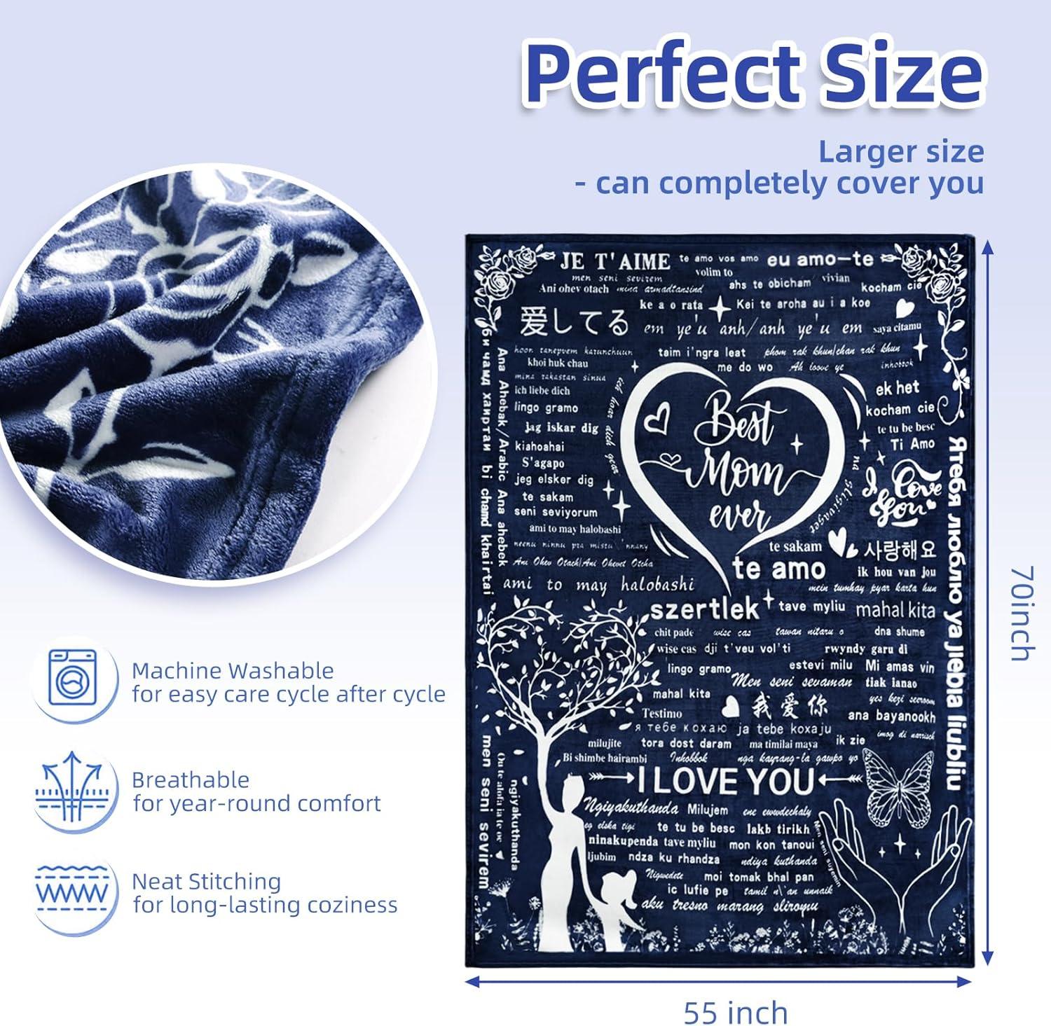 Gifts for Mom Wife Valentines Day Throw Blanket Gifts for Grandma, Best MOM Ever Surrounded by Heart Shape with 100 Languages I Love You Blanket, Mom Gifts Christmas Mother‘s Day 60''x70''