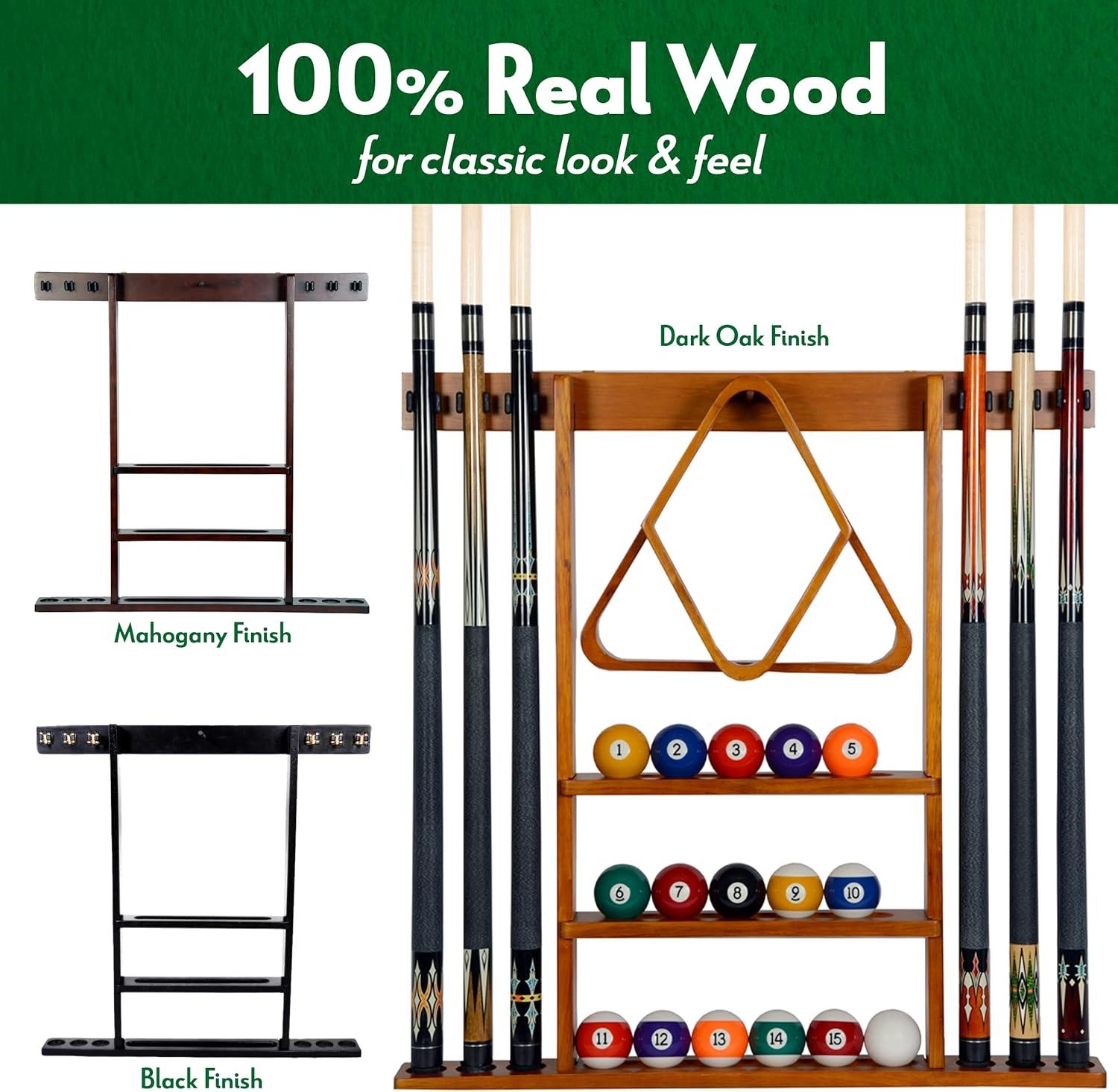 ISZY Billiards Wooden Wall Mounted Pool Cue Accessories Billiard Ball and Stick Holder Rack, Holds 6 Pool Cues and Full Set of Balls