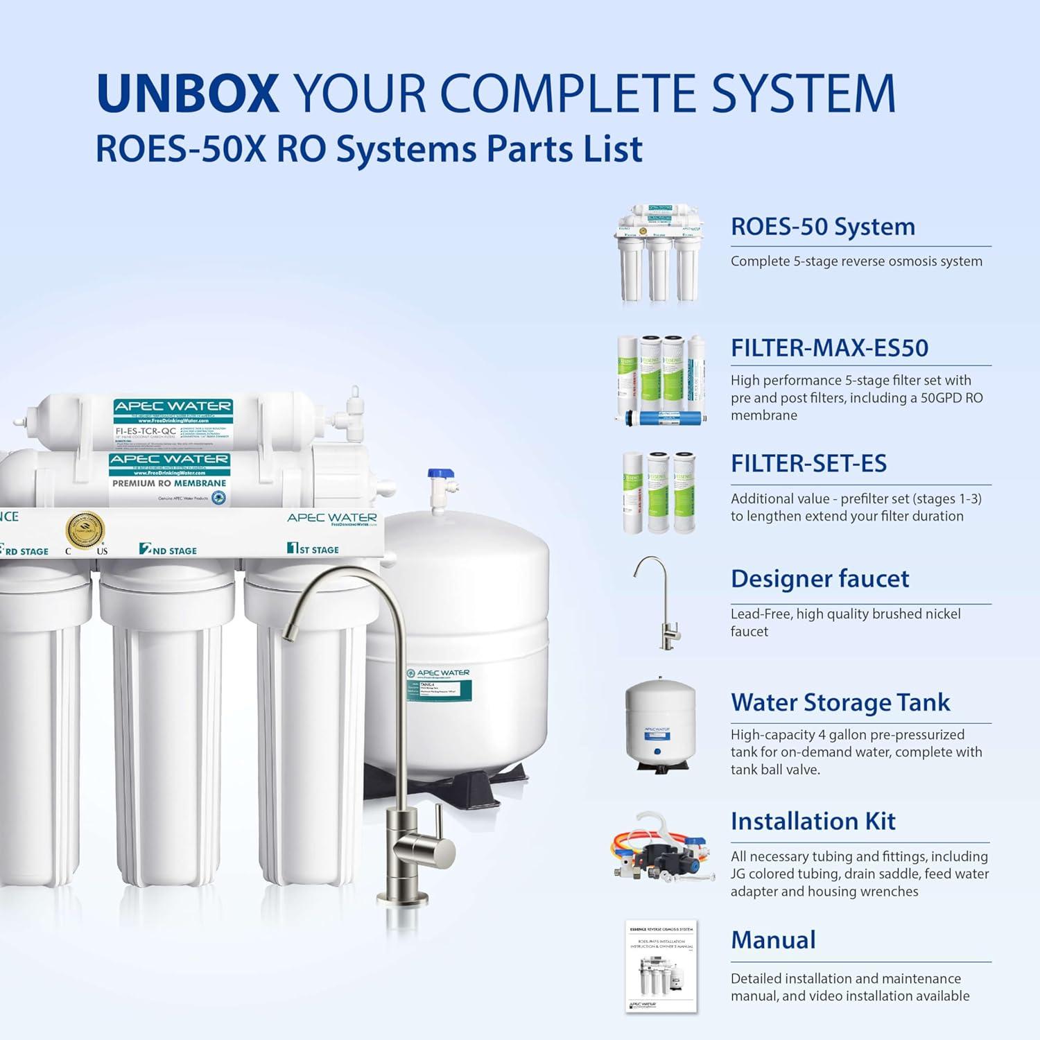 APEC Water Systems ROES-50 Essence Series Top Tier 5-Stage WQA Certified Ultra Safe Reverse Osmosis Drinking Water Filter System with Extra High Capacity Pre-Filter Set Stage 1-3 RO Value Bundle