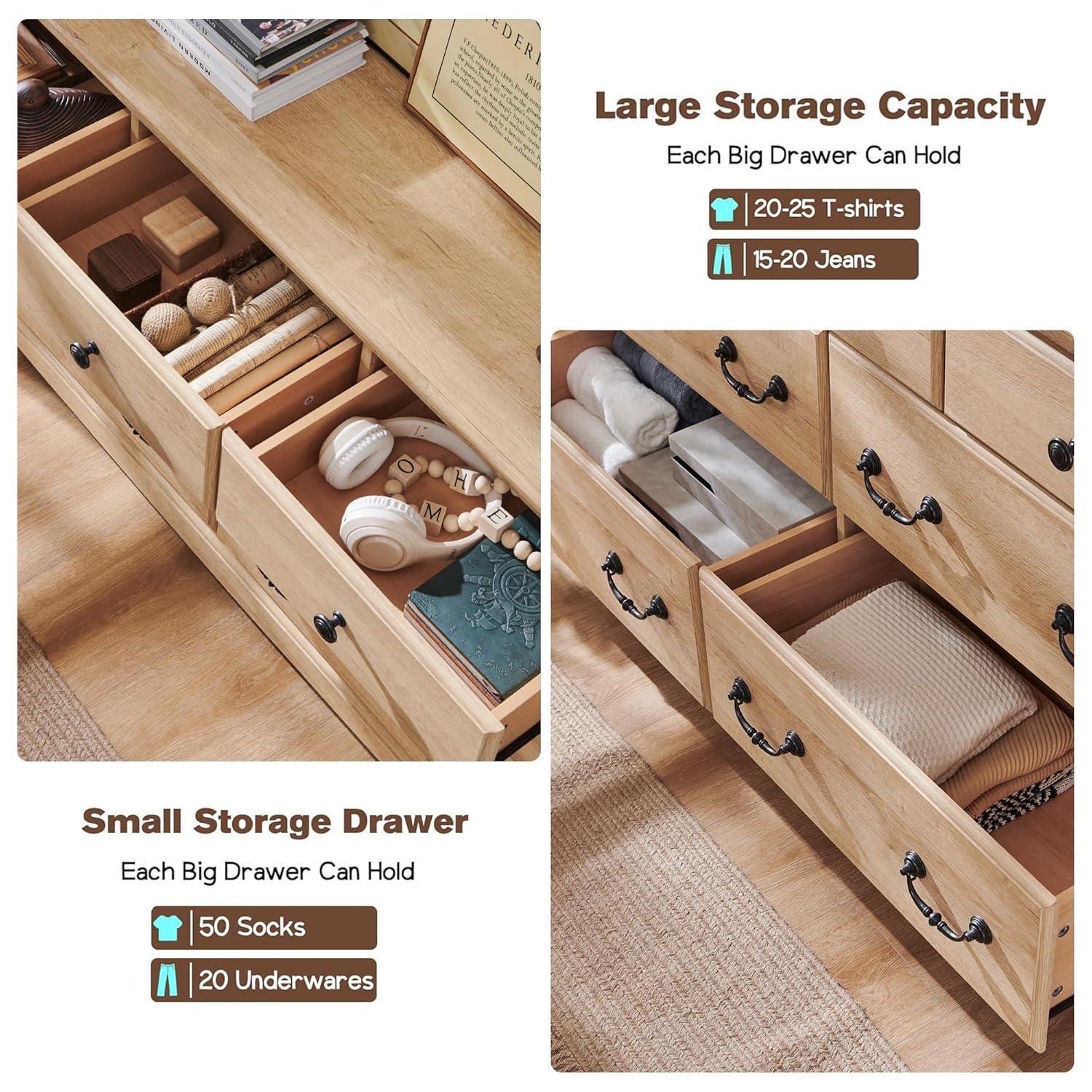 T4TREAM 7 Drawers Dresser Chests for Bedroom, Wood Vintage Chests of Drawers, Rustic Dressers Chset Organizer for Bedroom, Living Room, Hallway, Natural Oak
