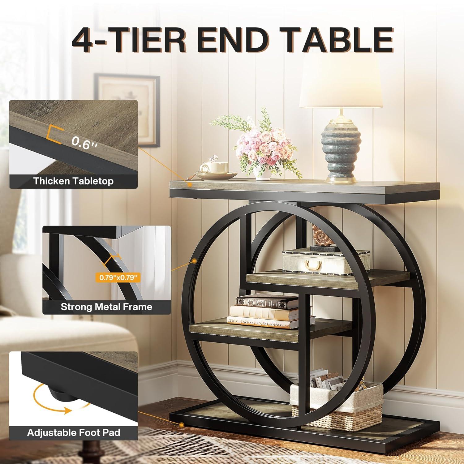 Tribesigns End Table Set of 2, 4-Tier Narrow Side Table with Storage Shelves, Wood Small Sofa Side Table with Geometric Metal Frame, Industrial Bedside Table for Bedroom, Living Room, Grey