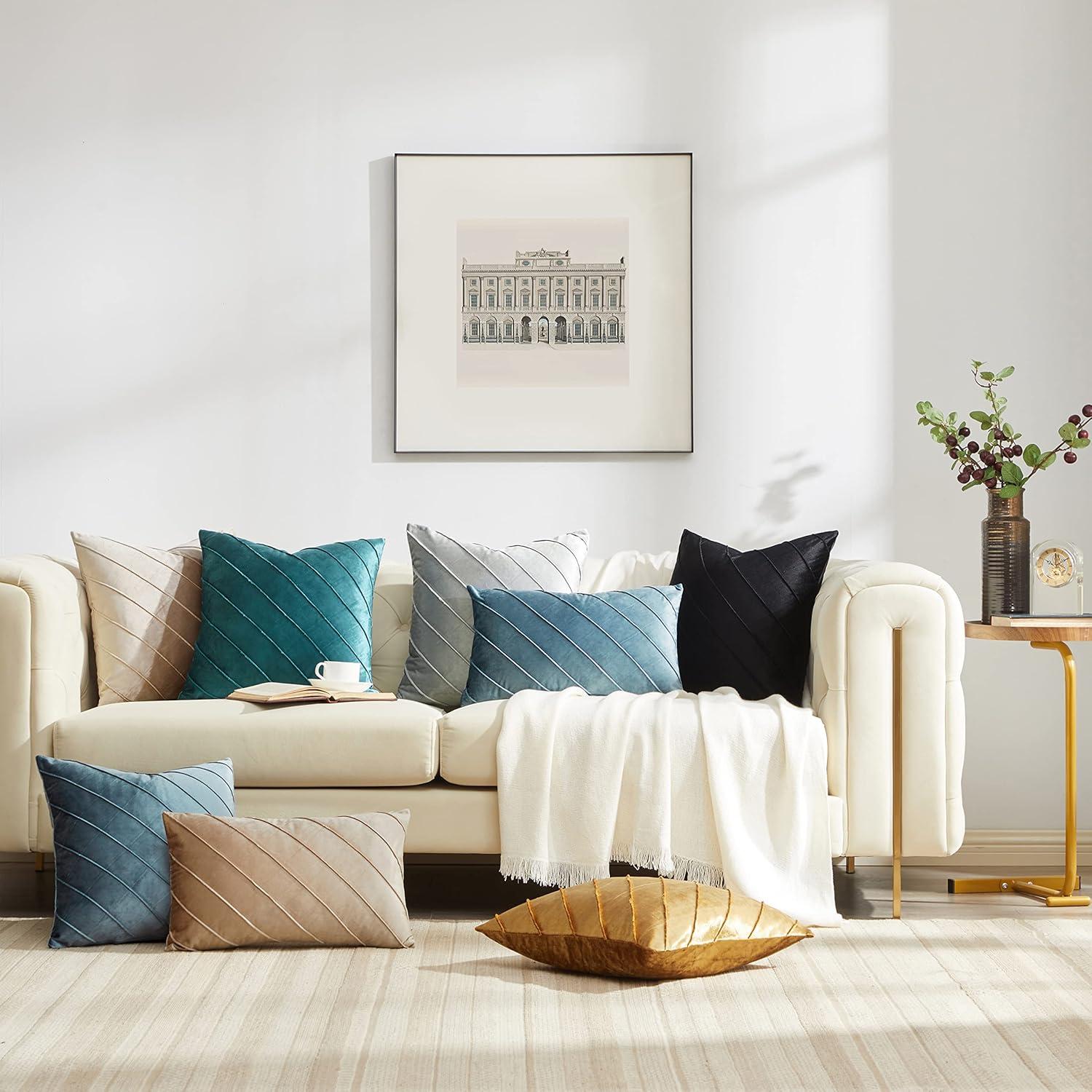 Gold Stripe Velvet Cushion Covers - Set of 2 | 18x18 Sofa Throw Pillow Cases | Decorative Living Room Couch Accent Covers