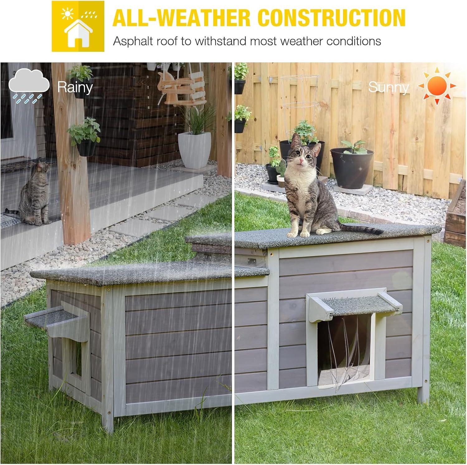 Gray and White Wooden Double Room Outdoor Cat House