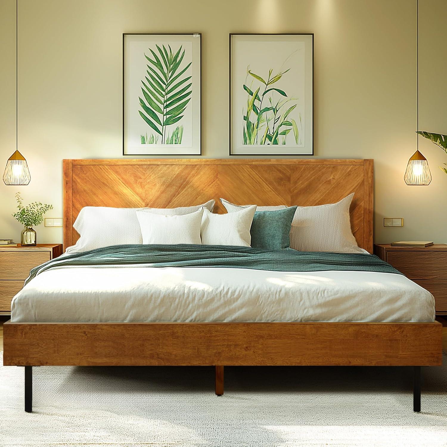 Walnut Lacquered King Bed Frame with Wood Headboard