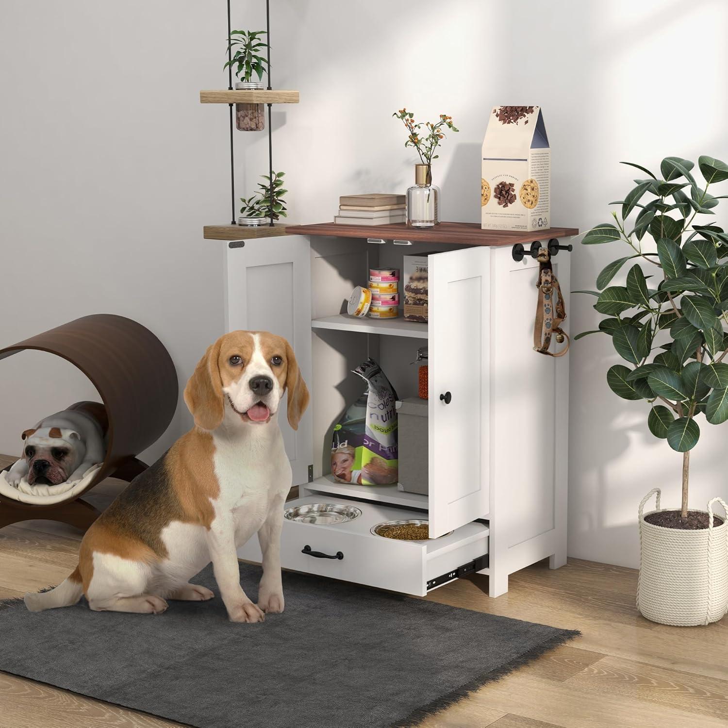 Awevsco Dog Feeding Station, Dog Food Storage Cabinet With Hidden Dog Bowls, Adjustable Panel, Hooks, For Medium Sized Dogs, White