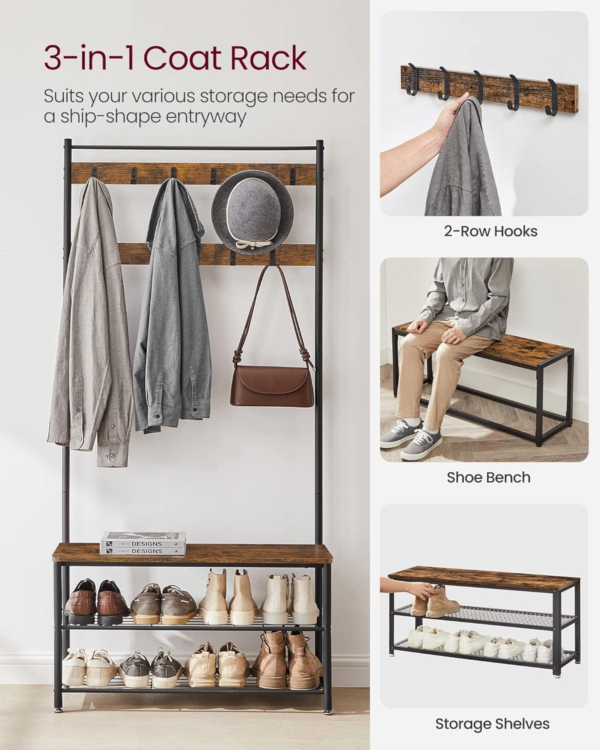 VASAGLE Coat Rack, Hall Tree with Shoe Storage Bench, Entryway Bench with Shoe Storage, 3-in-1, Steel Frame, for Entryway, 12.6 x 33.5 x 68.9 Inches, Industrial, Rustic Brown and Black UHSR401B01