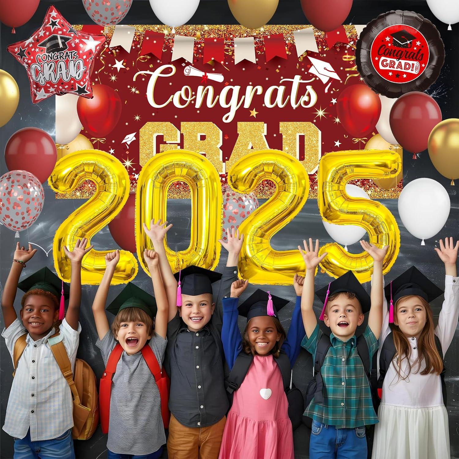 Graduation Party Decorations Class of 2025 Graduation Party Supplies Congrats Grad Banner Class of 2025 Backdrop, Paper Pompoms, Balloons for Congrats Grad Party Decorations (Burgundy-Gold)
