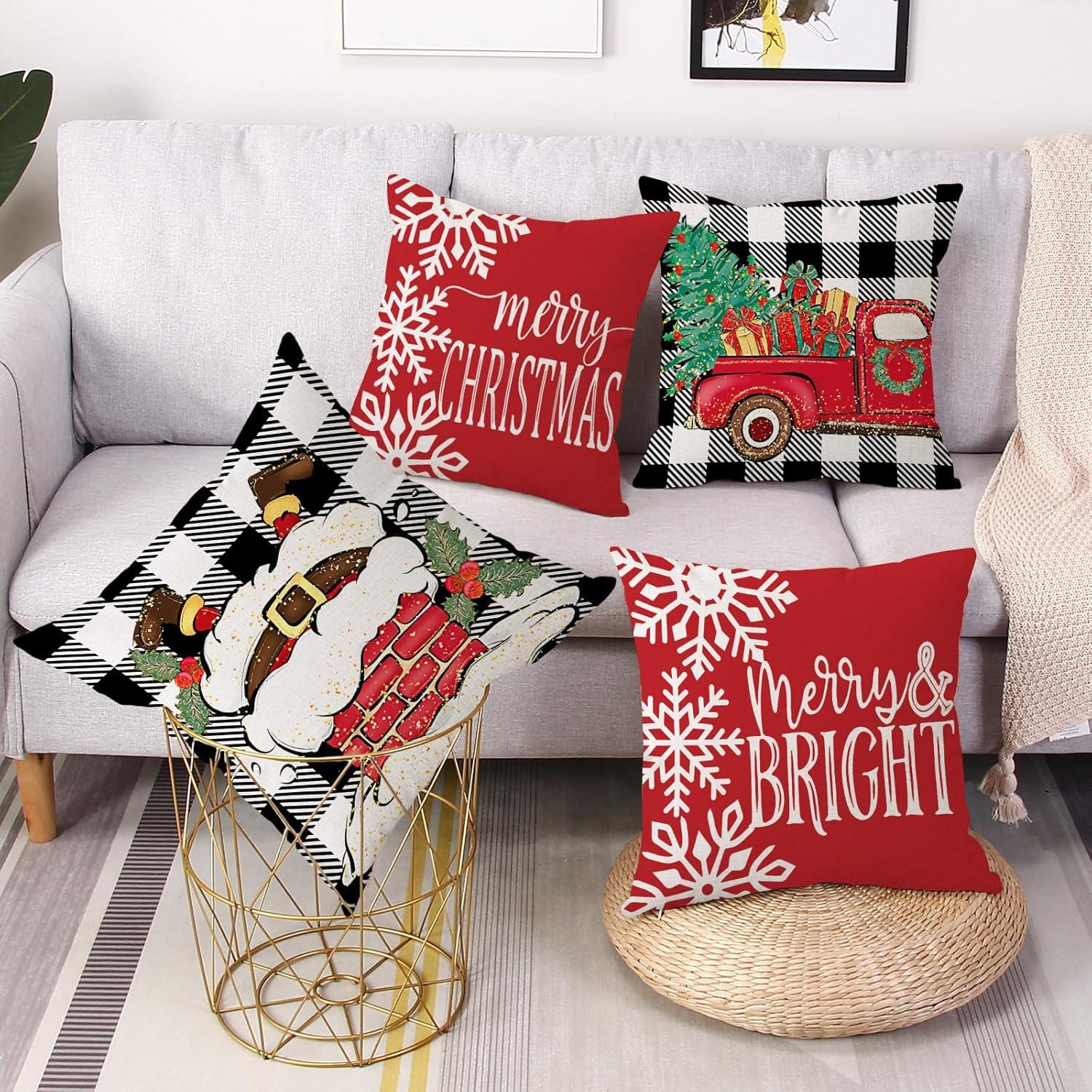 BEAUTY Merry Christmas Throw Pillow Covers 18 x 18 Inch Set of 4  Red Barn Merry & Bright Xmas Farmhouse Holiday Pillowcases for Home Outdoor Decoration CP053-18