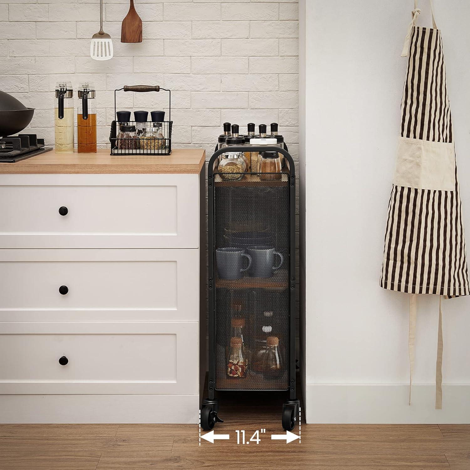 VASAGLE 3-Tier Narrow Storage Cart, Rolling Cart with Wheels, Steel Frame, Rustic Brown and Black